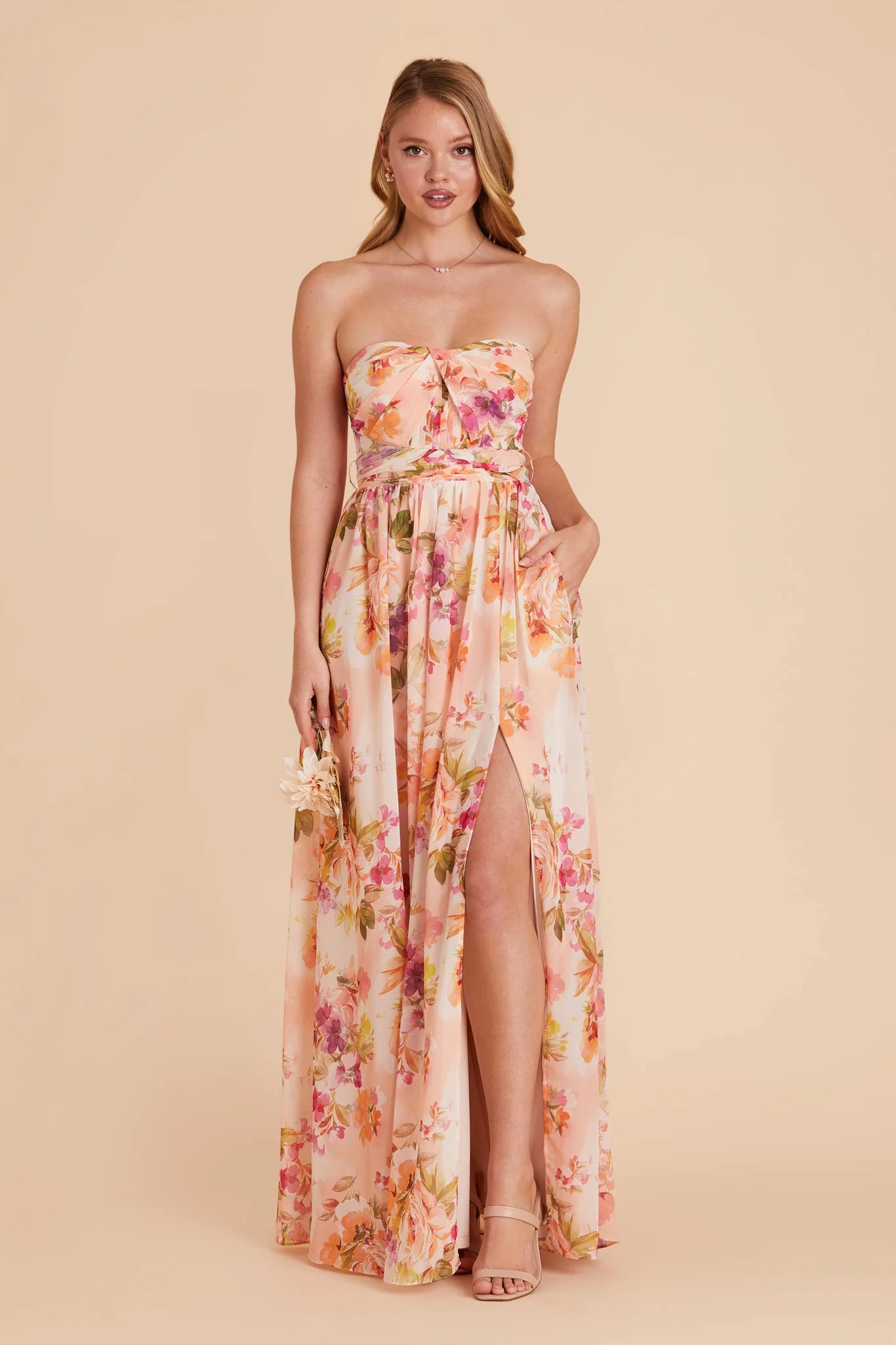 Grace Chiffon Dress With Slit - Coral Sunset Peonies - Image 4