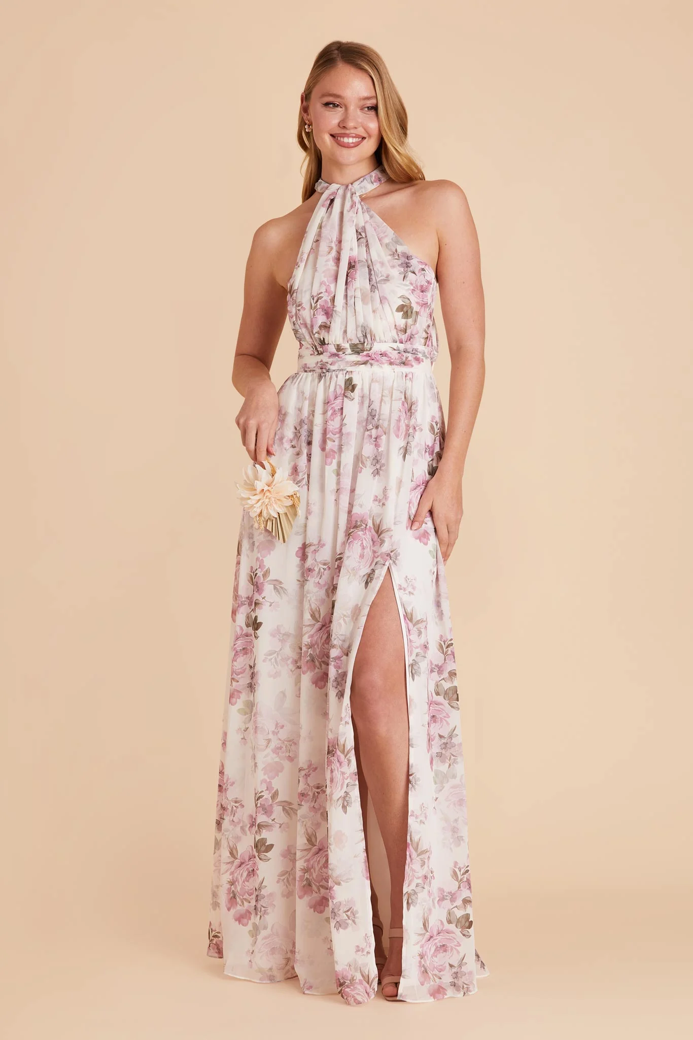 Grace Chiffon Dress With Slit - Dusty Pink Peonies
