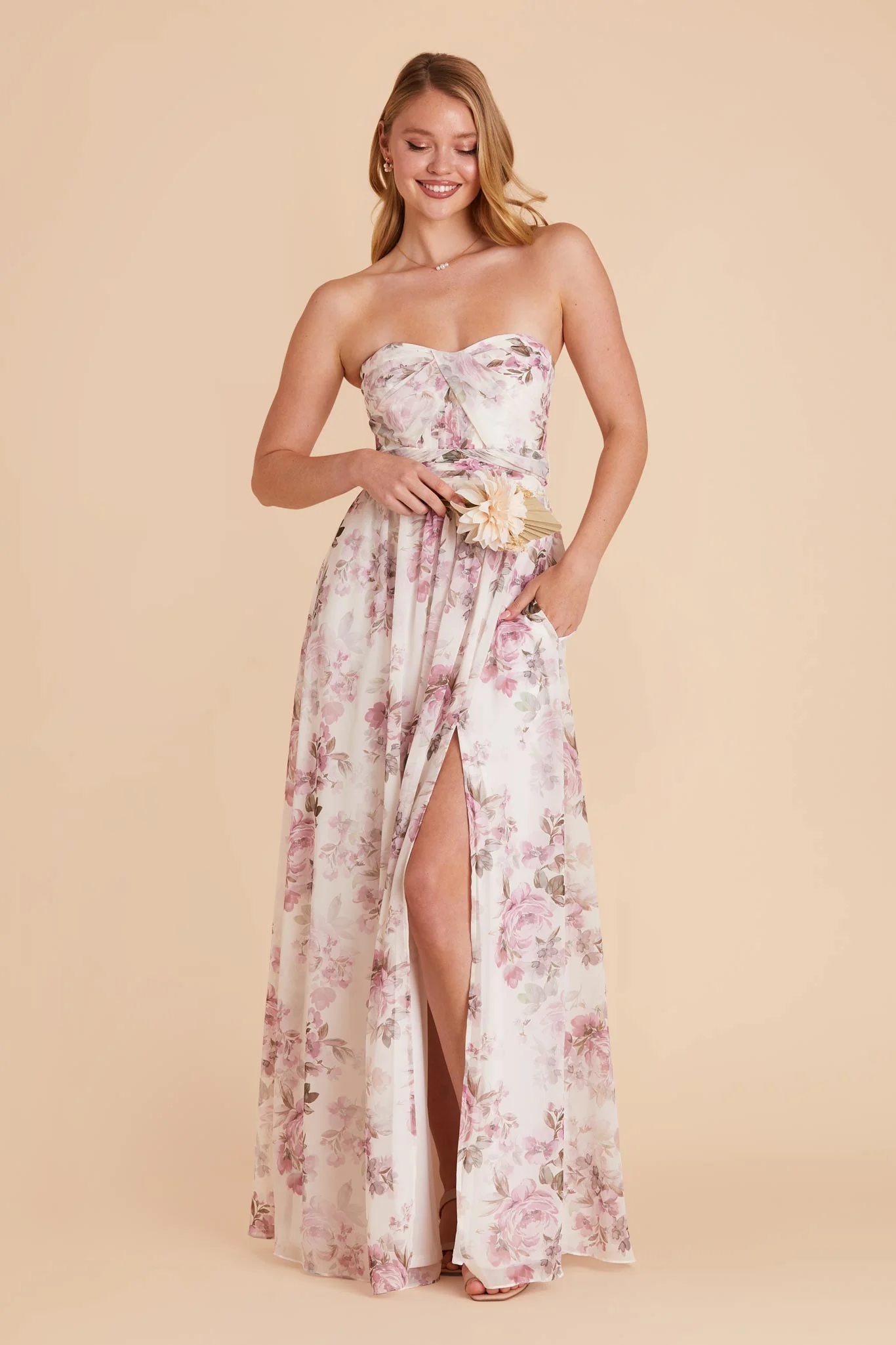 Grace Chiffon Dress With Slit - Dusty Pink Peonies - Image 9