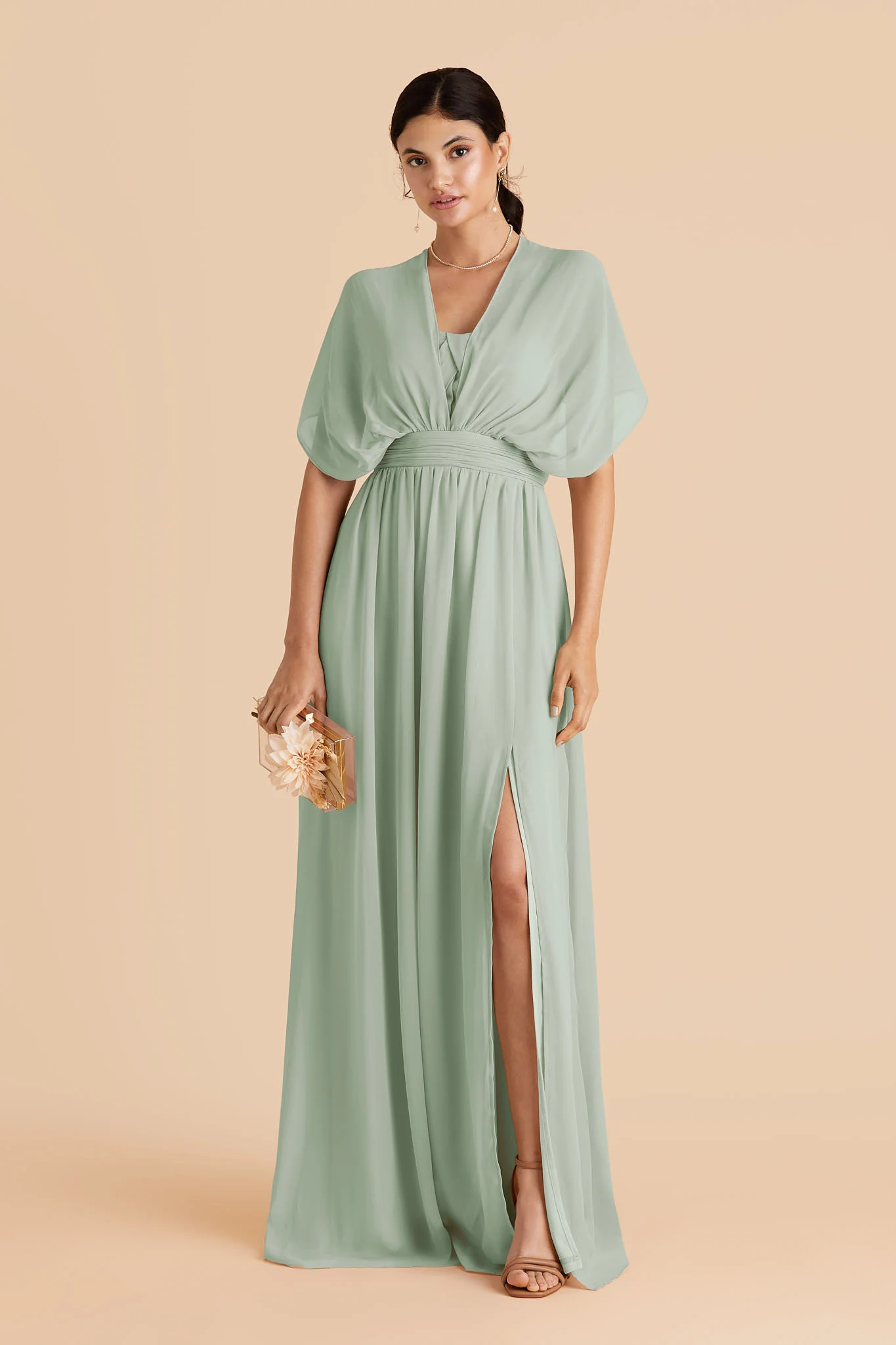 Grace Chiffon Dress With Slit - Sage - Image 4