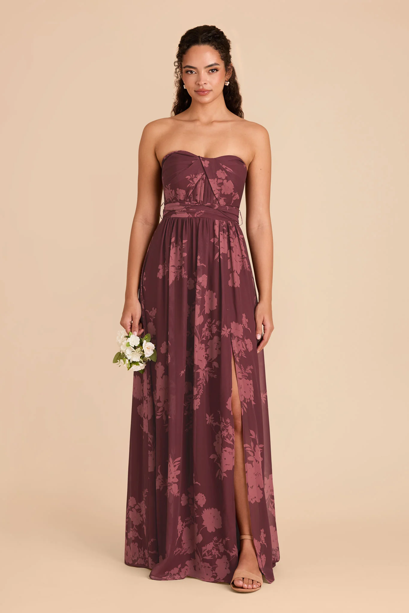 Grace Chiffon Dress With Slit - Sangria Whimsical Blooms