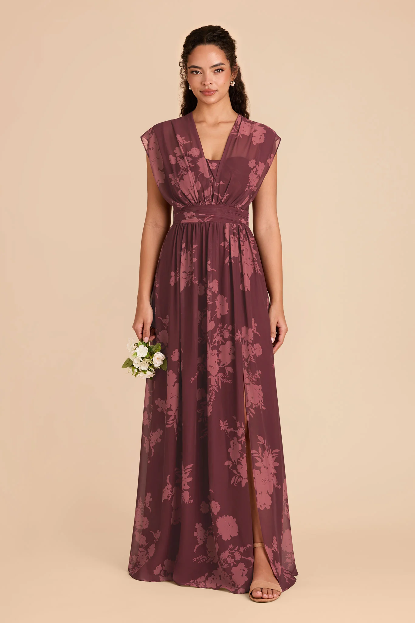Grace Chiffon Dress With Slit - Sangria Whimsical Blooms - Image 2