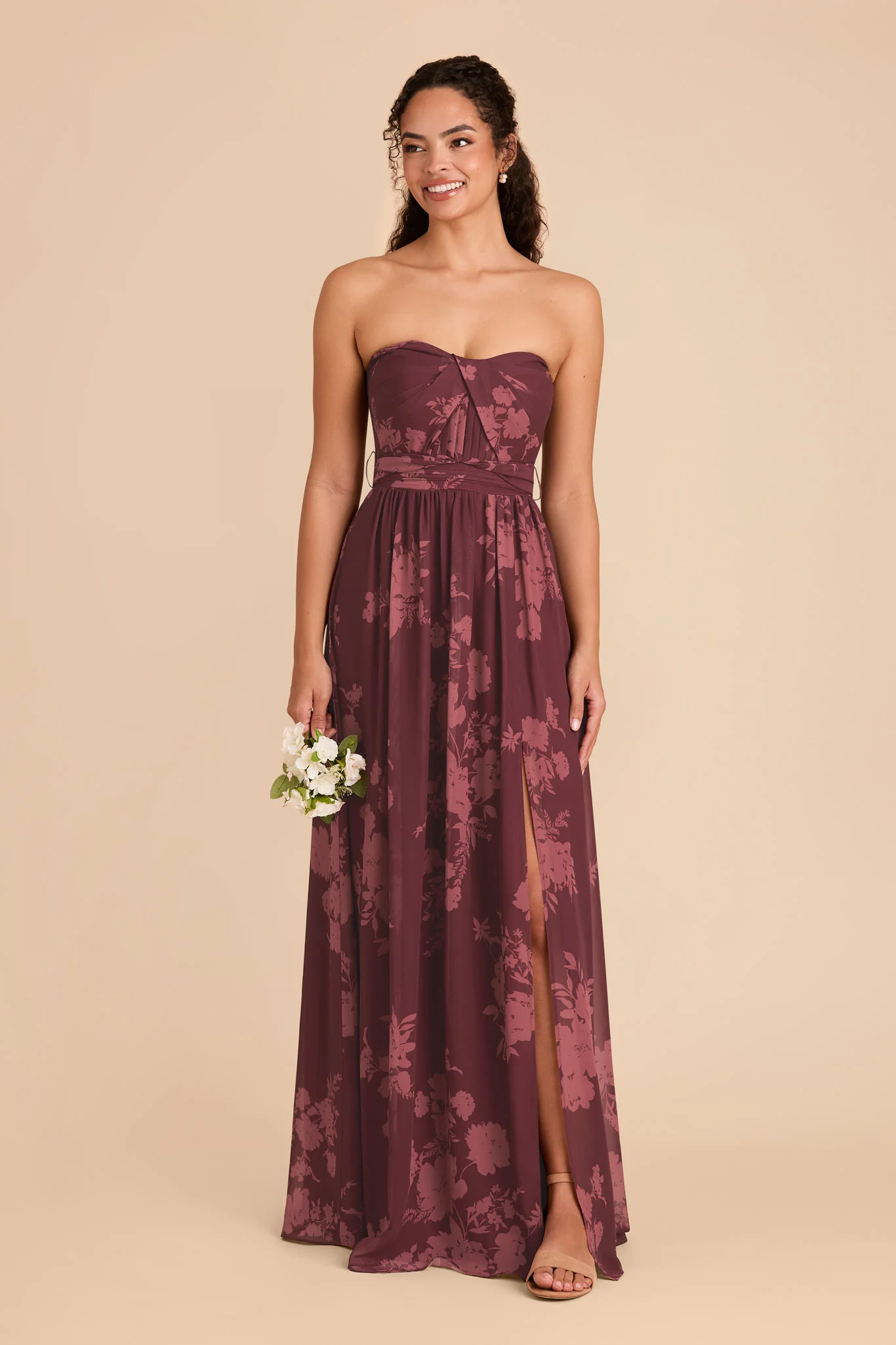Grace Chiffon Dress With Slit - Sangria Whimsical Blooms - Image 3