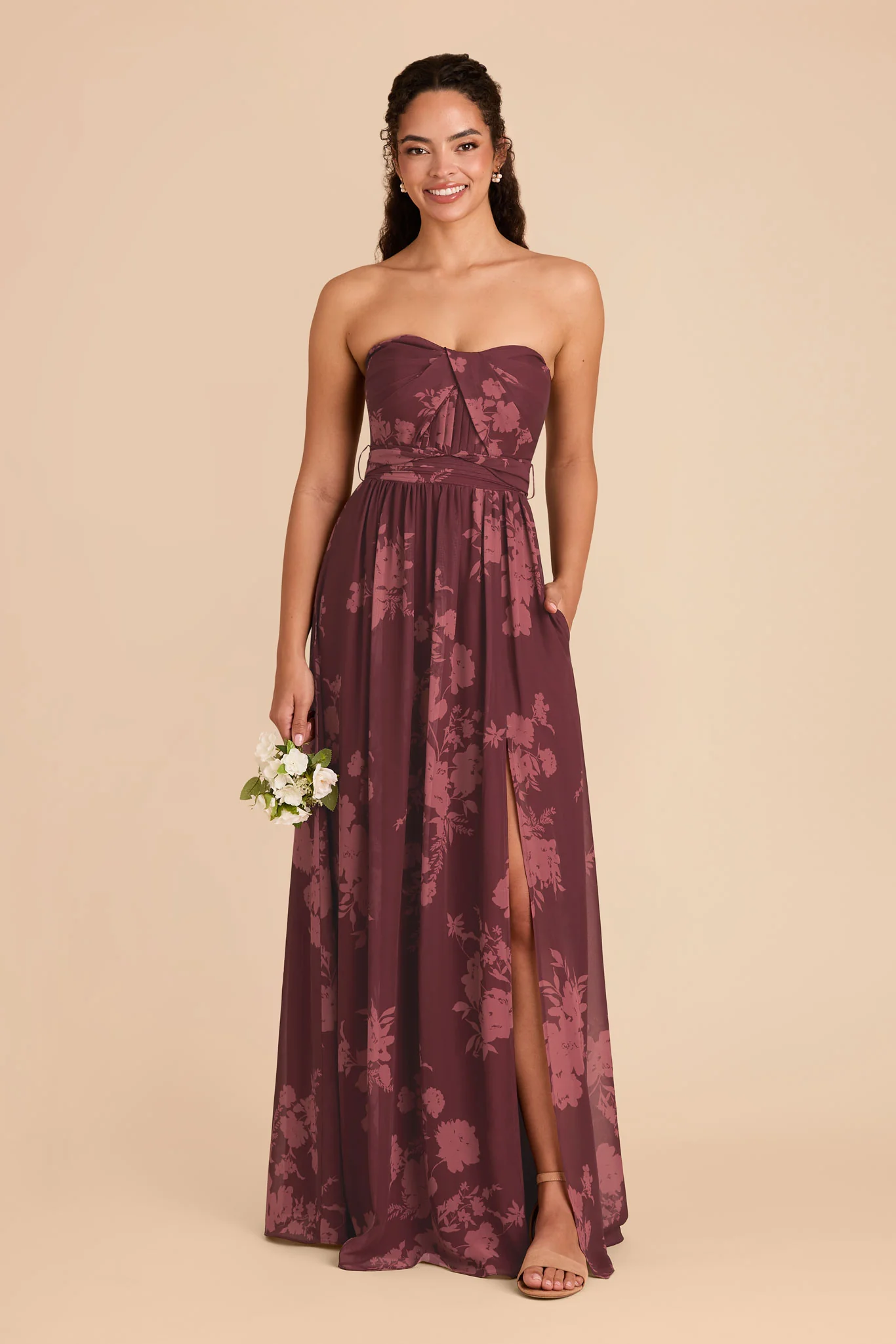 Grace Chiffon Dress With Slit - Sangria Whimsical Blooms - Image 4