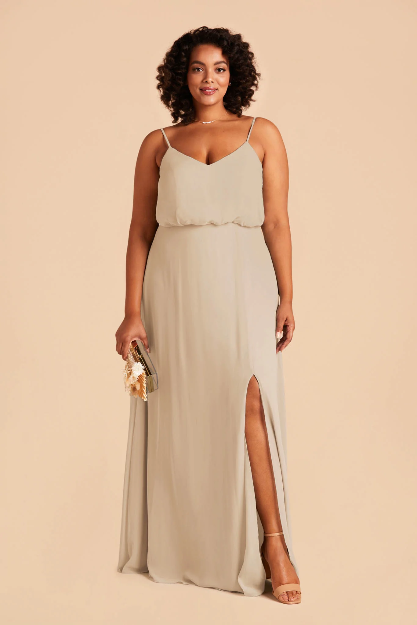 Gwennie Chiffon Dress With Slit - Almond - Image 2