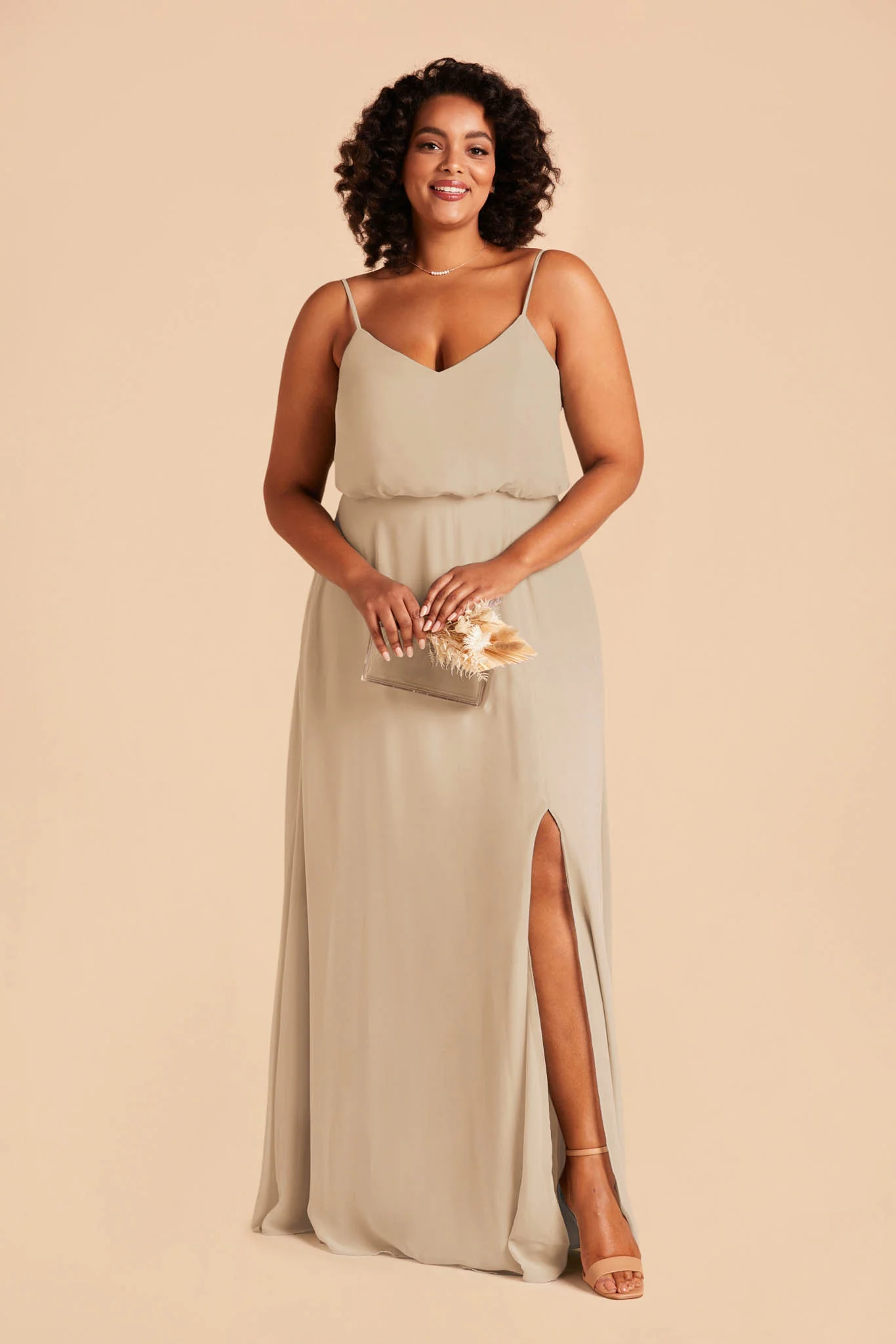 Gwennie Chiffon Dress With Slit - Almond - Image 8