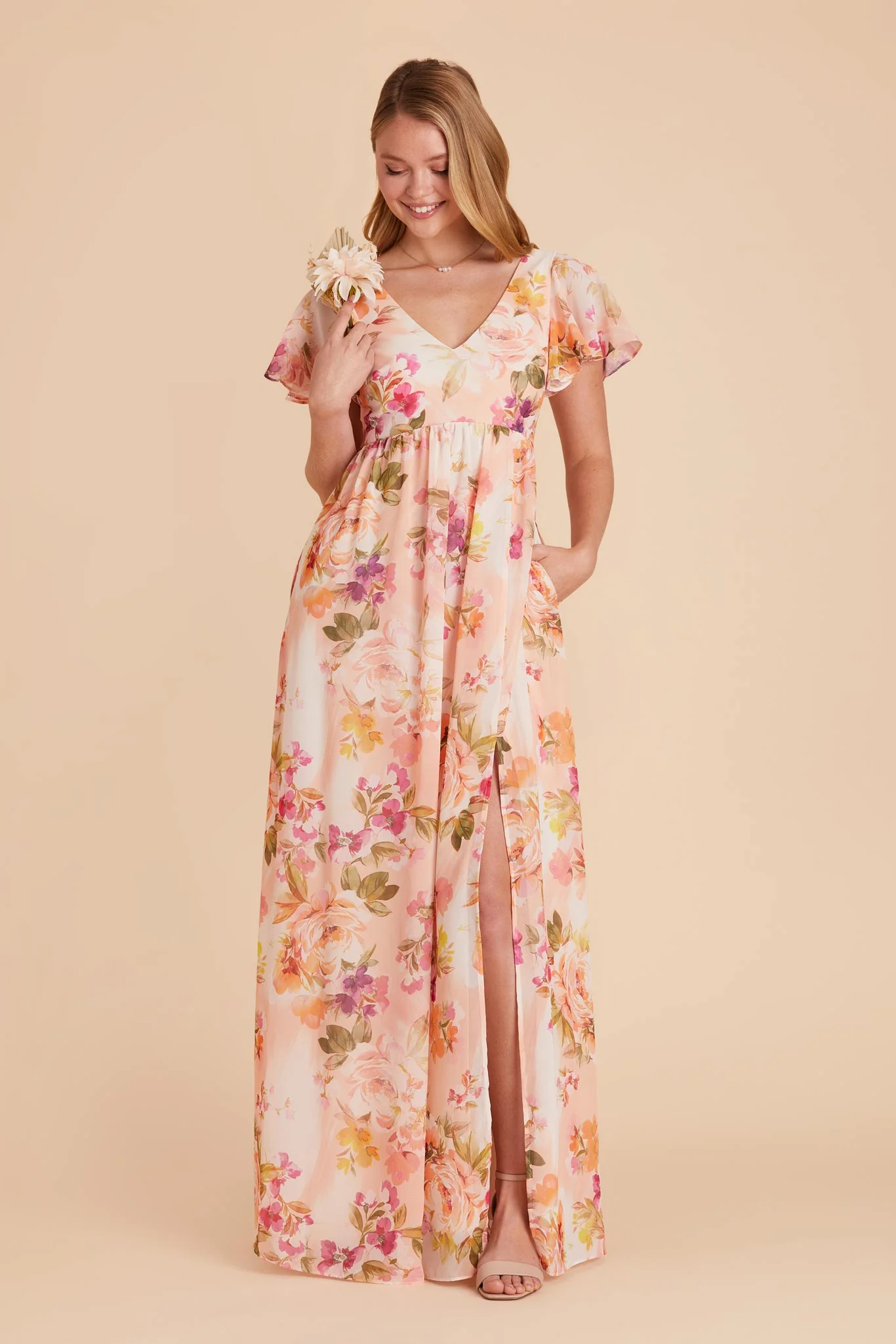 Hannah Chiffon Dress - Coral Sunset Peonies - Image 3