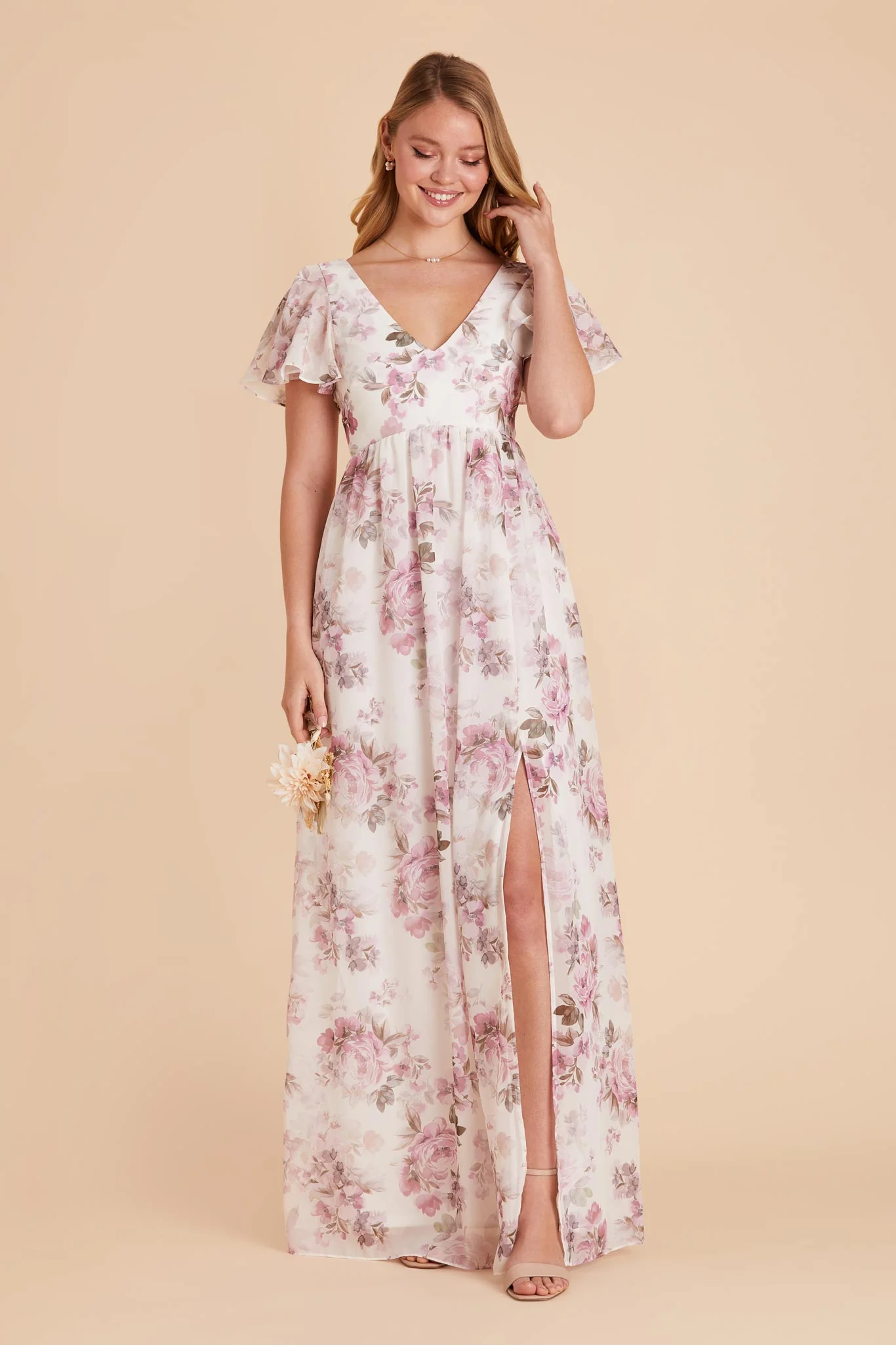 Hannah Chiffon Dress - Dusty Pink Peonies - Image 3