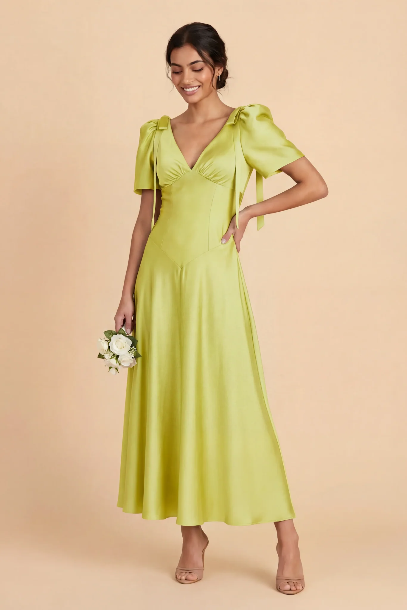 Jacqueline Matte Satin Dress - Chartreuse - Image 2