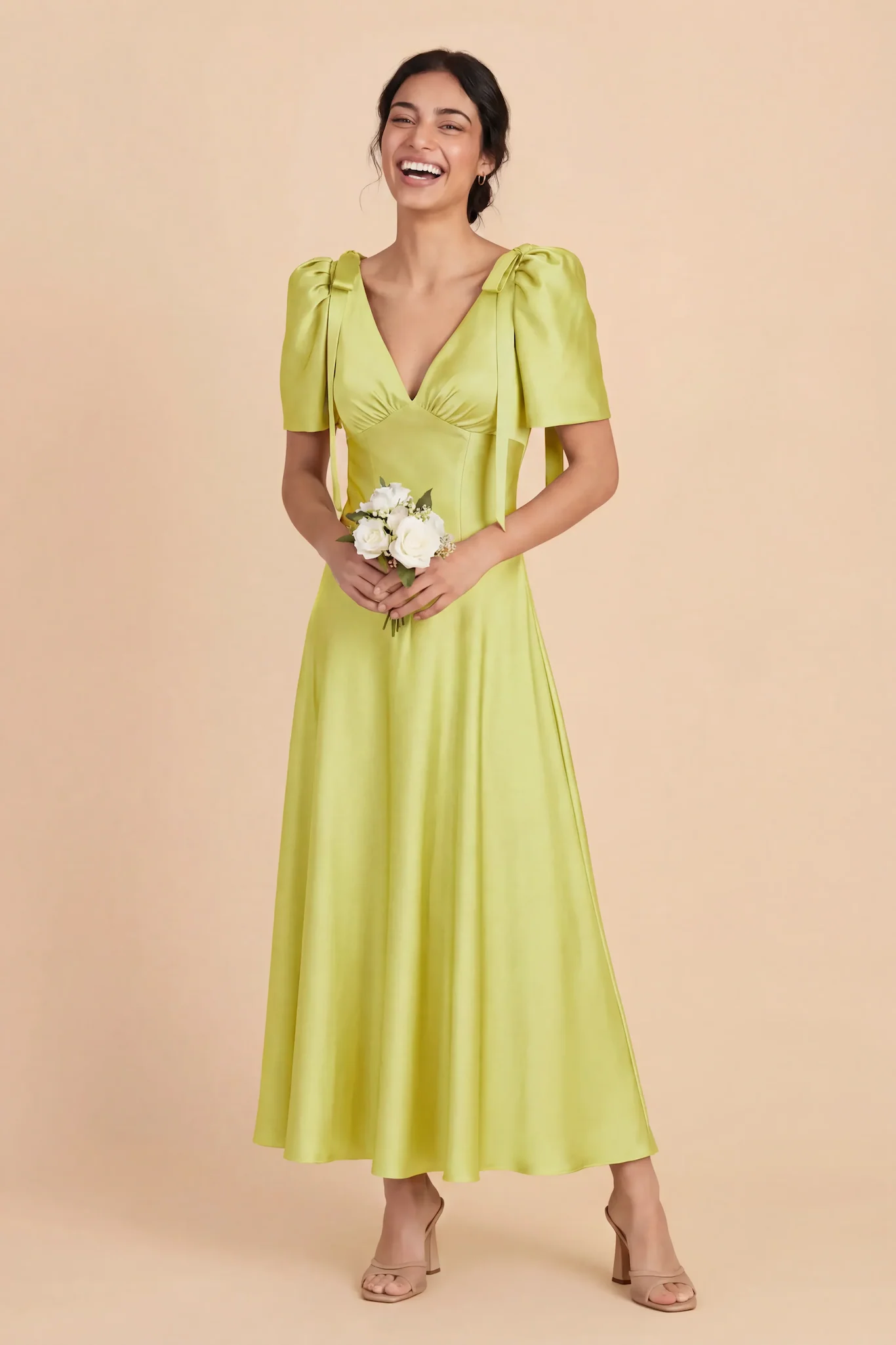 Jacqueline Matte Satin Dress - Chartreuse - Image 3