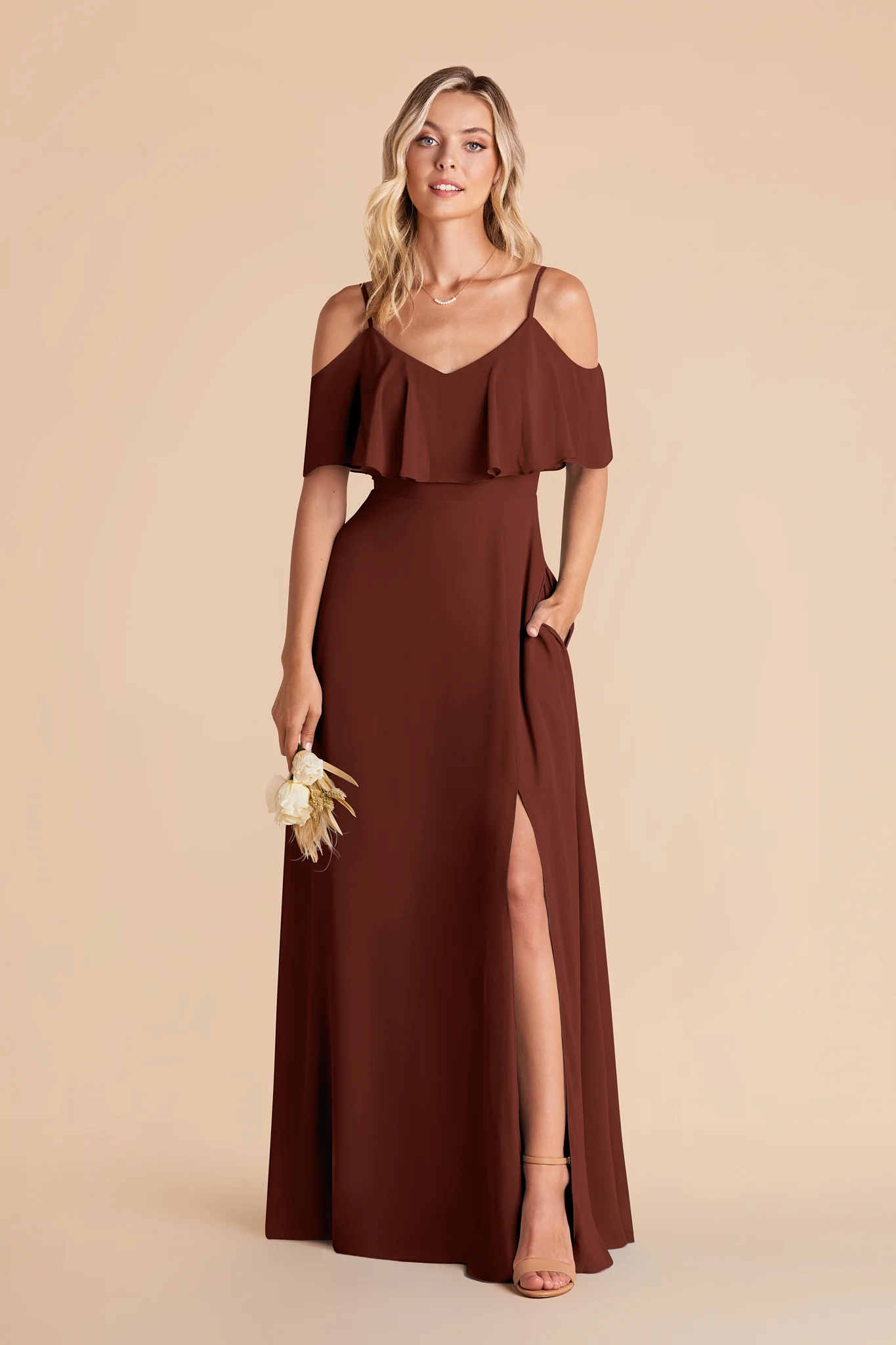 Jane Chiffon Dress With Slit - Cognac - Image 4
