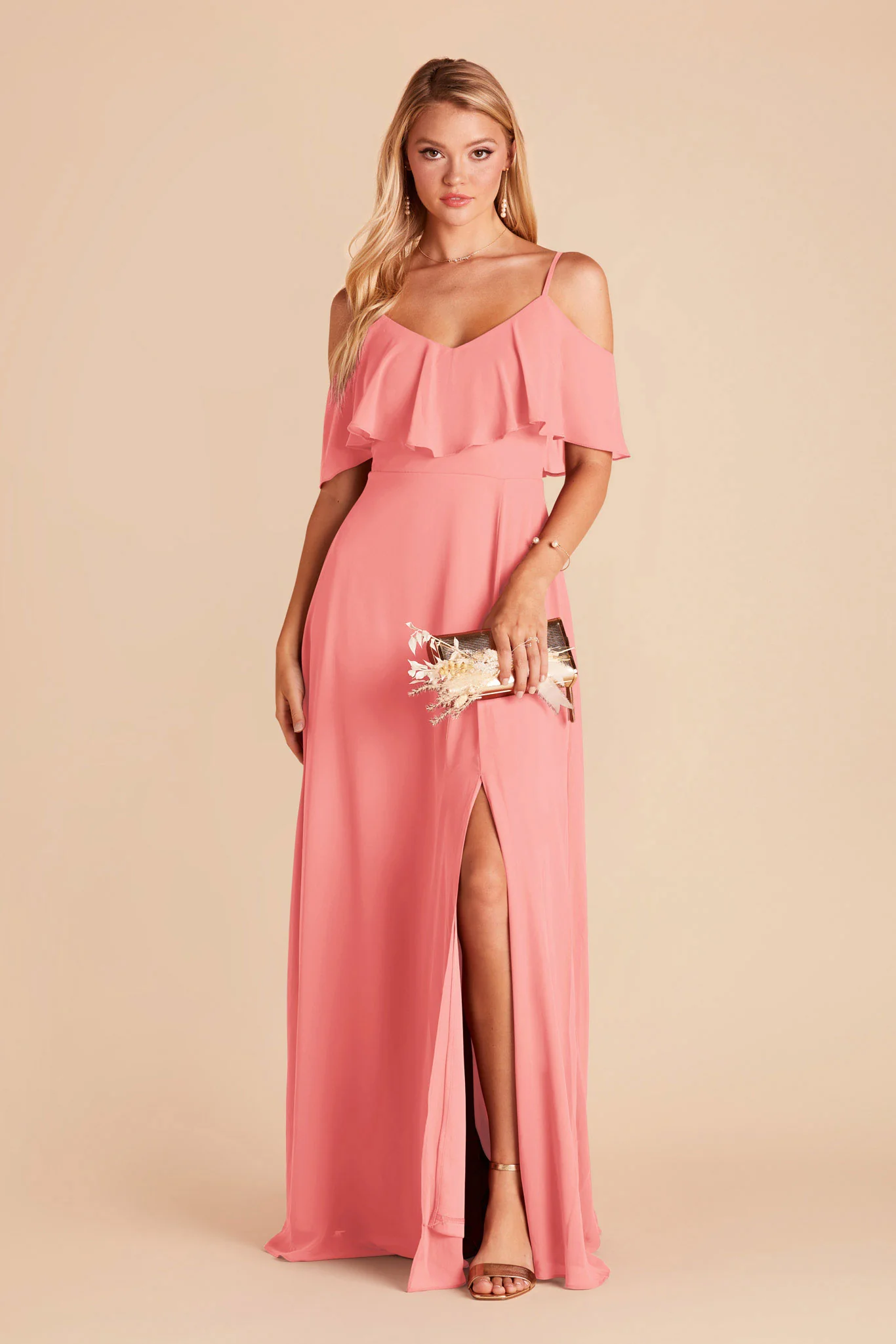 Jane Chiffon Dress With Slit - Coral Pink - Image 3