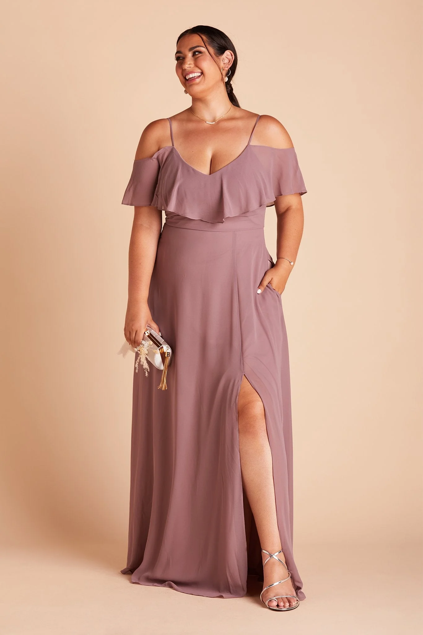 Jane Chiffon Dress With Slit - Dark Mauve - Image 14