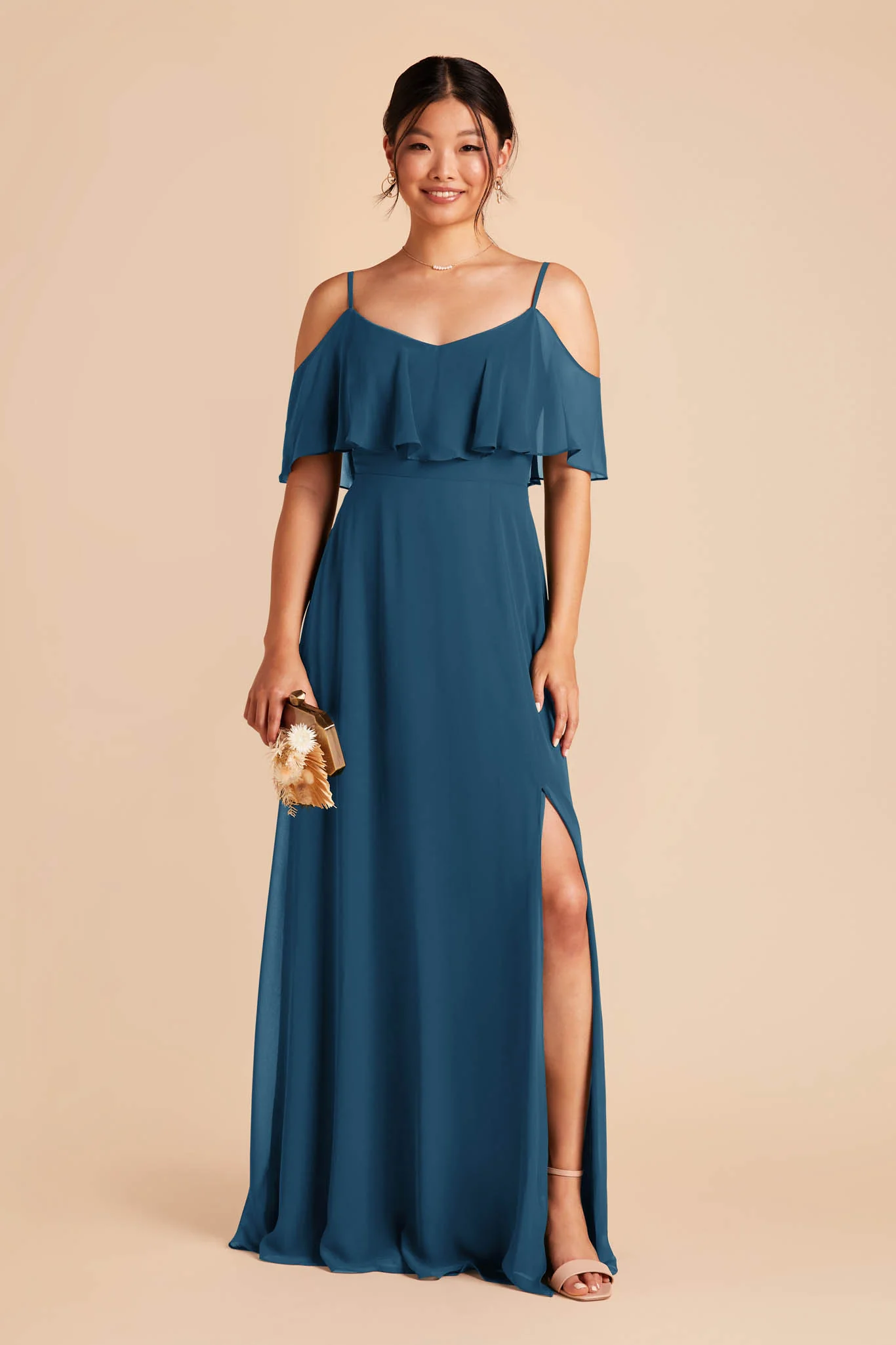 Jane Chiffon Dress With Slit - Dark Teal - Image 3