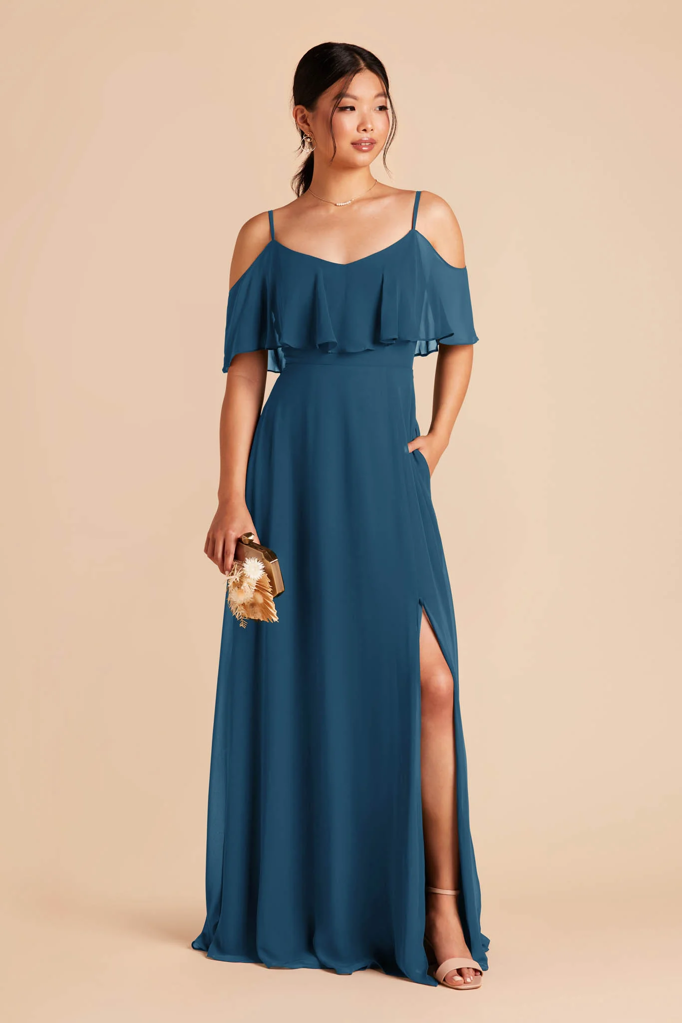 Jane Chiffon Dress With Slit - Dark Teal - Image 4