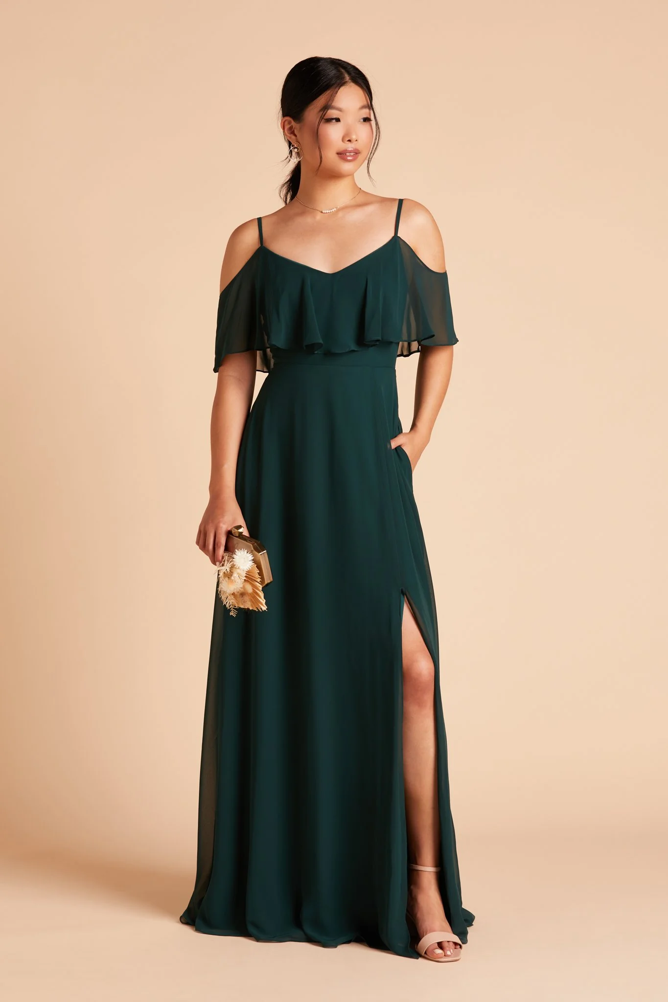 Jane Chiffon Dress With Slit - Emerald - Image 6