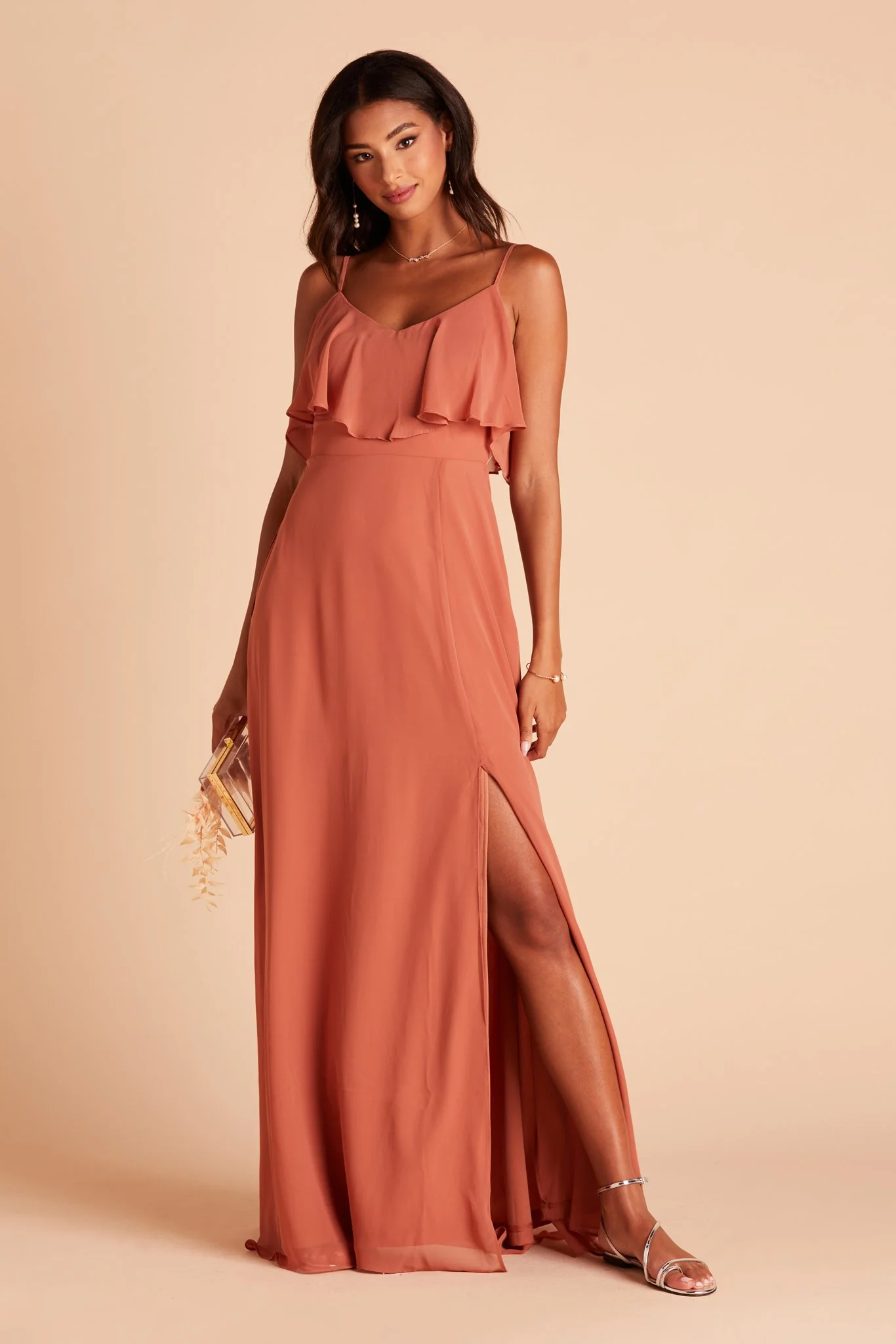 Jane Chiffon Dress With Slit - Terracotta - Image 3