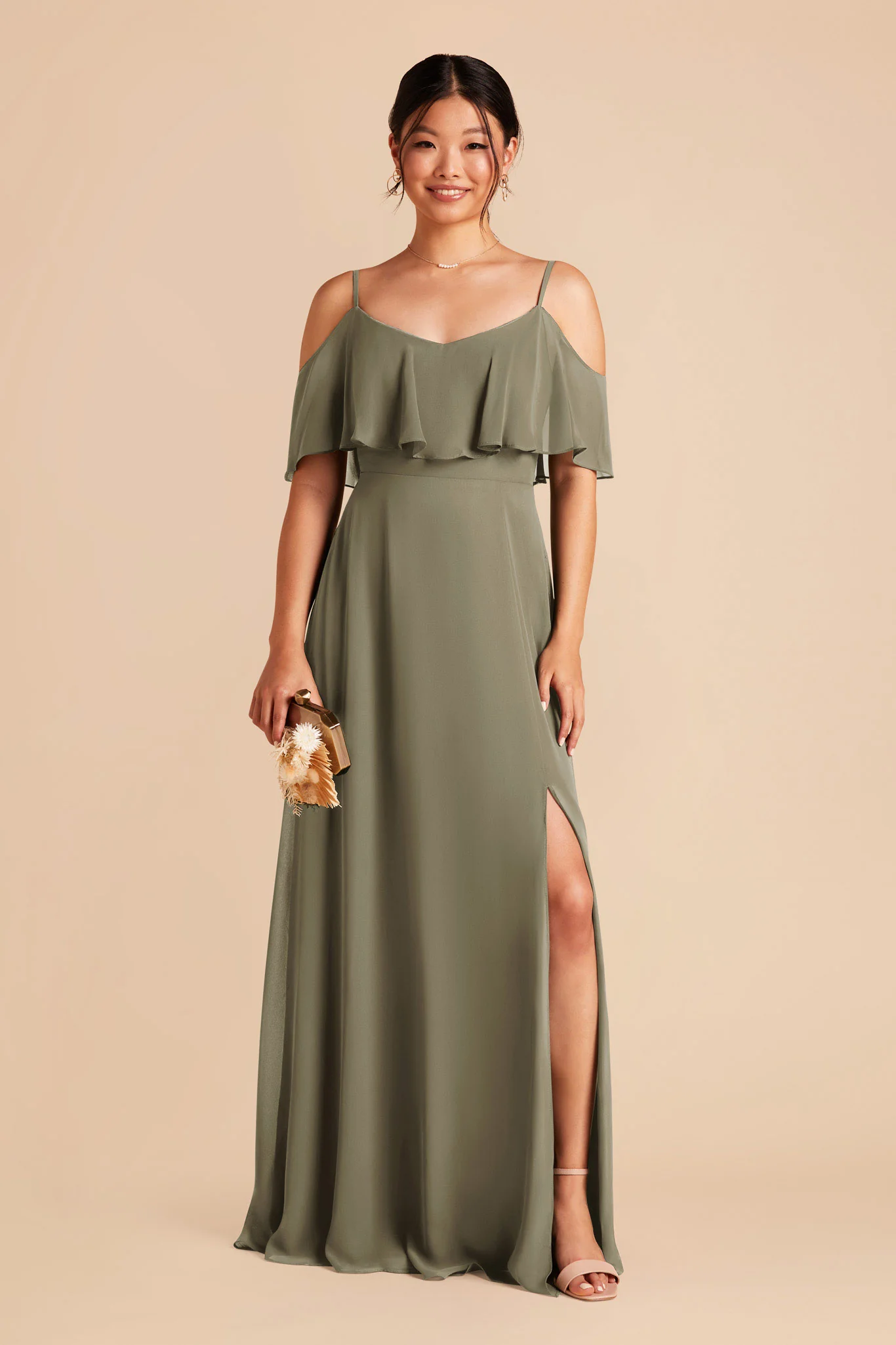 Jane Chiffon Dress With Slit - Thyme - Image 3