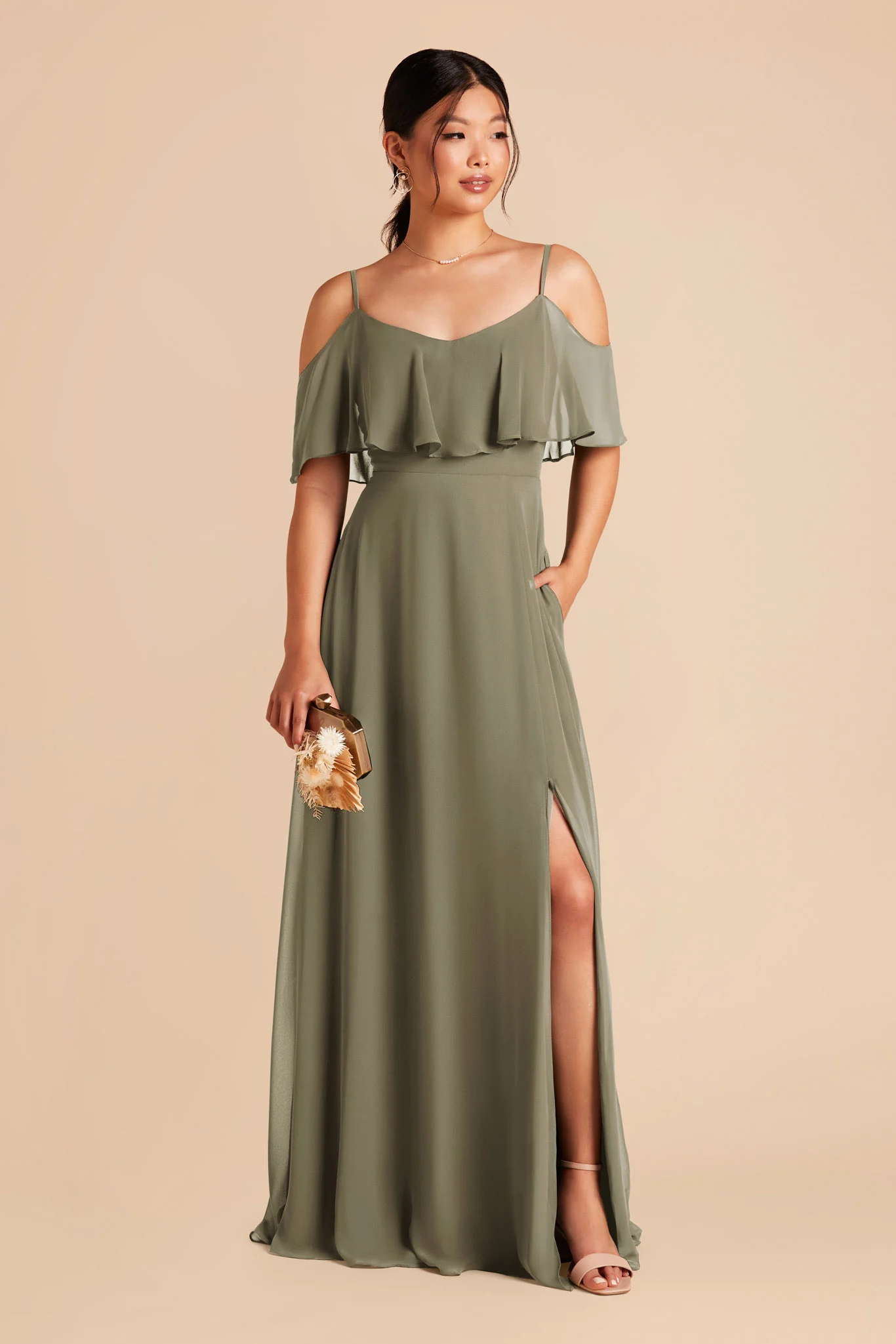 Jane Chiffon Dress With Slit - Thyme - Image 4
