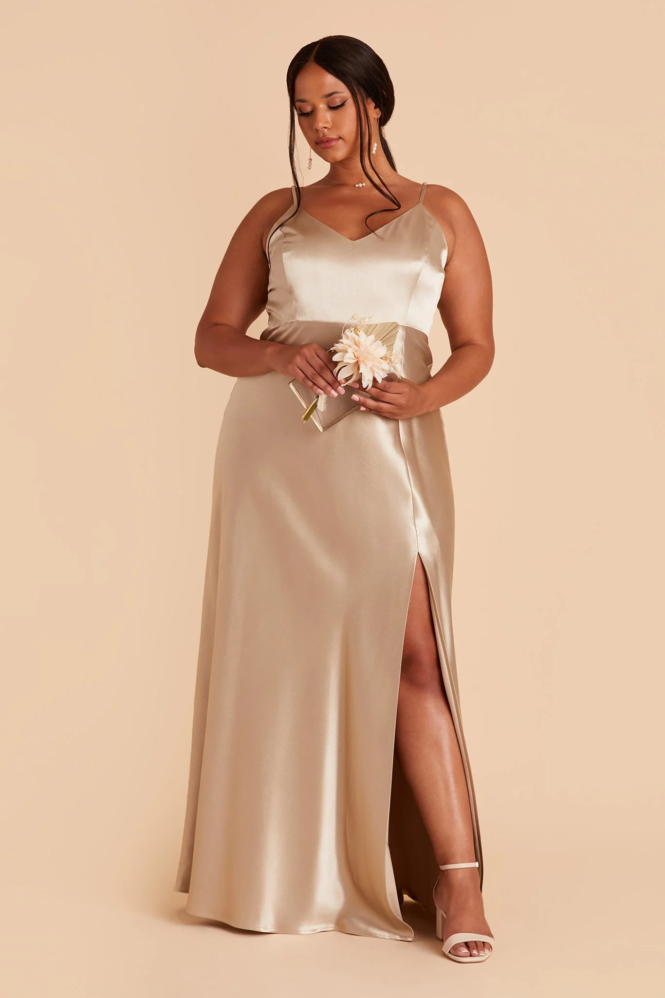 Jay Shiny Satin Dress - Neutral Champagne - Image 9