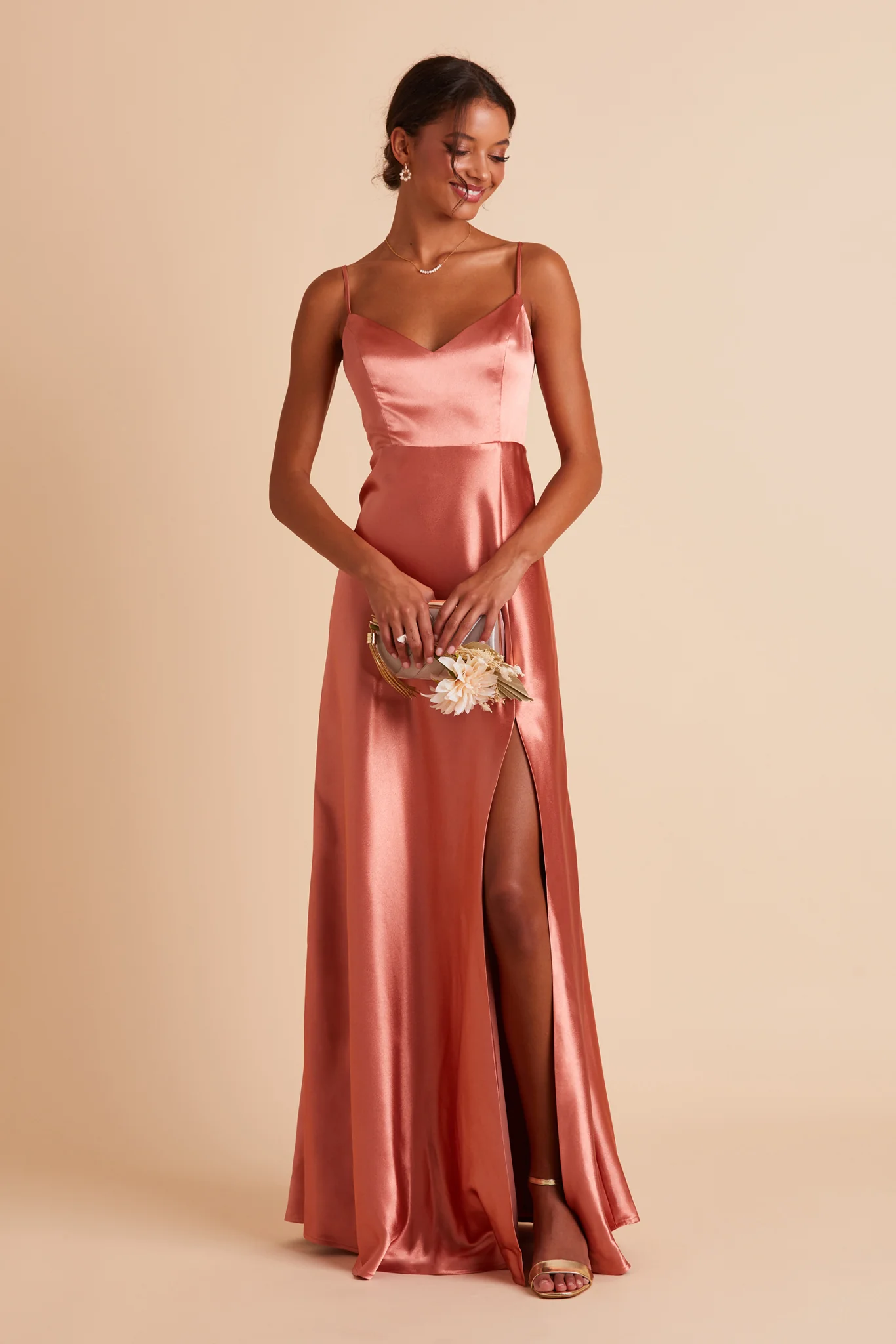 Jay Shiny Satin Dress - Terracotta - Image 3