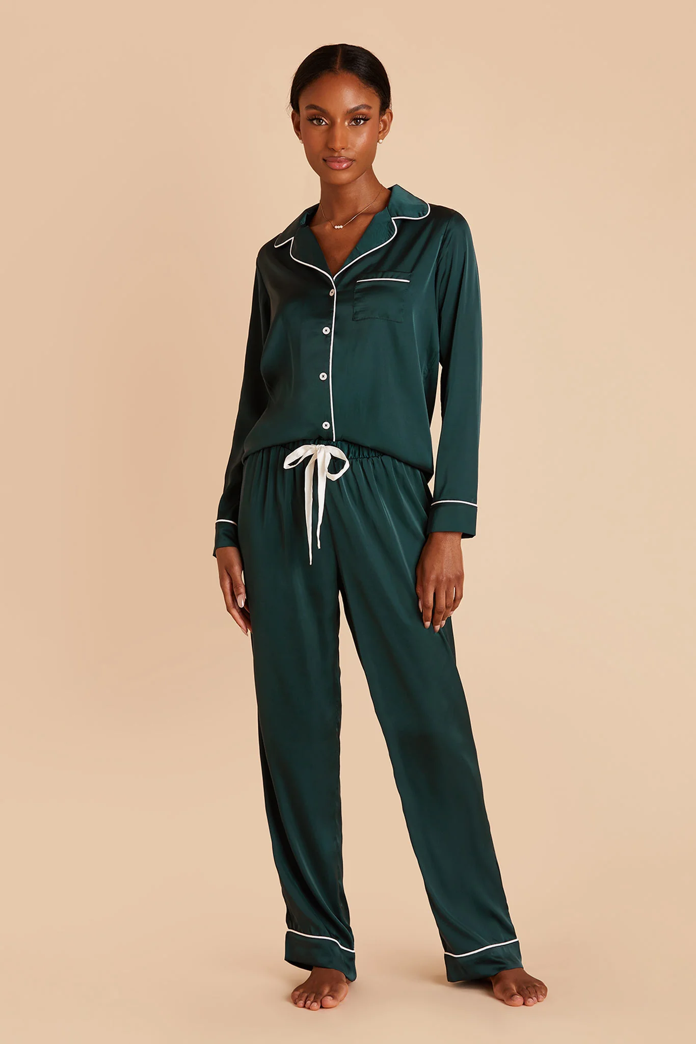 Jenna Matte Satin Pajama Set - Emerald - Image 2