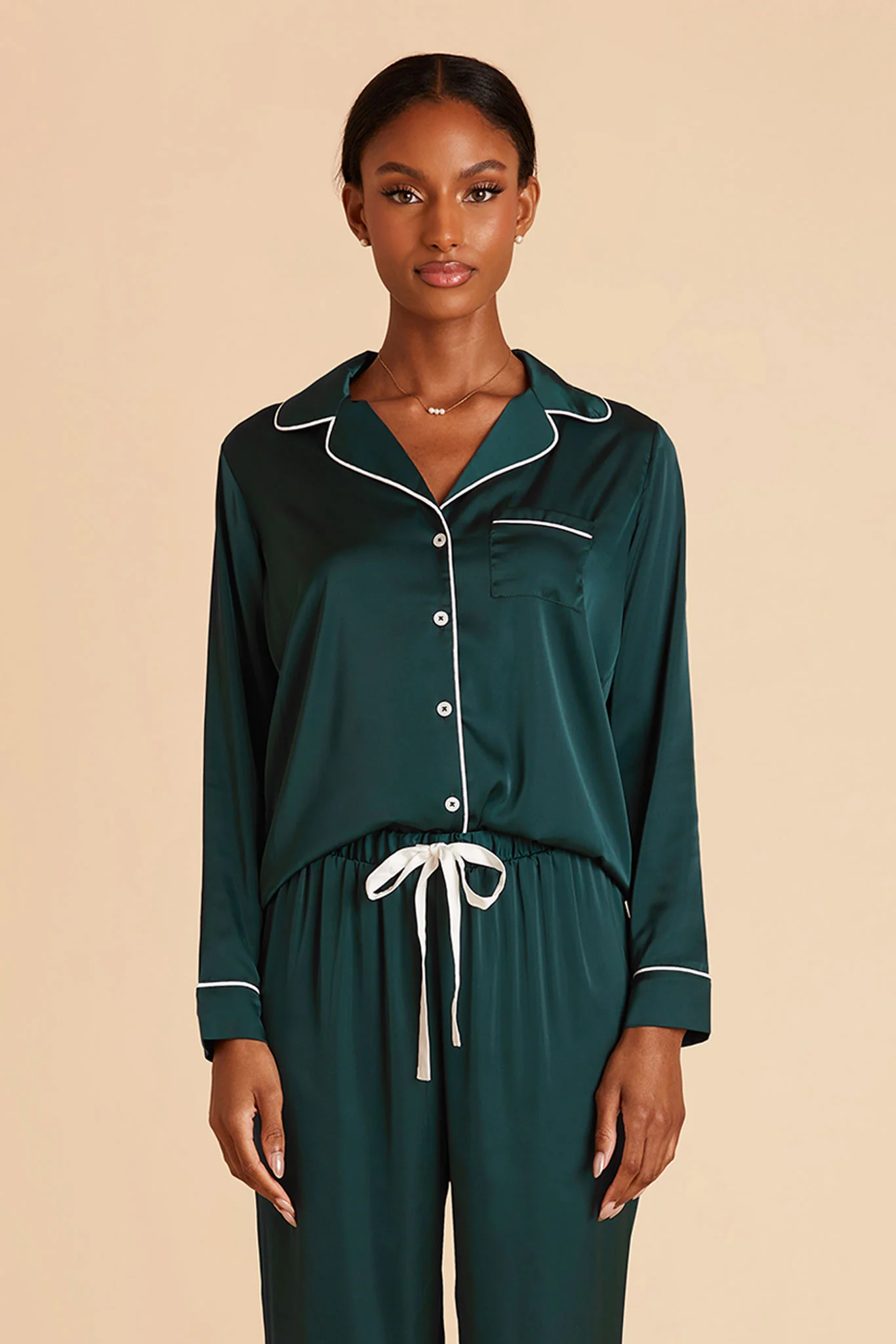 Jenna Matte Satin Pajama Set - Emerald - Image 3