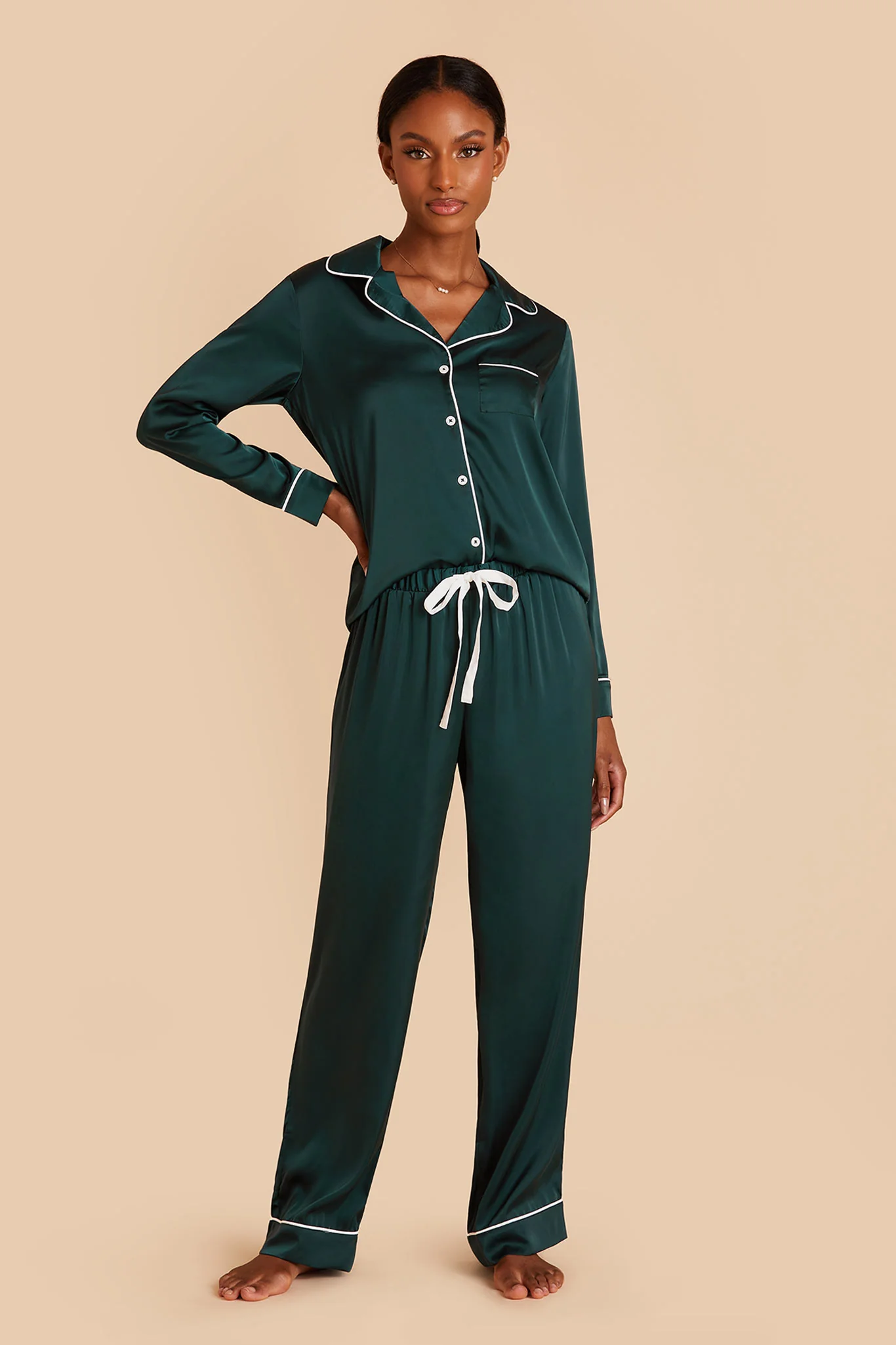 Jenna Matte Satin Pajama Set - Emerald - Image 5