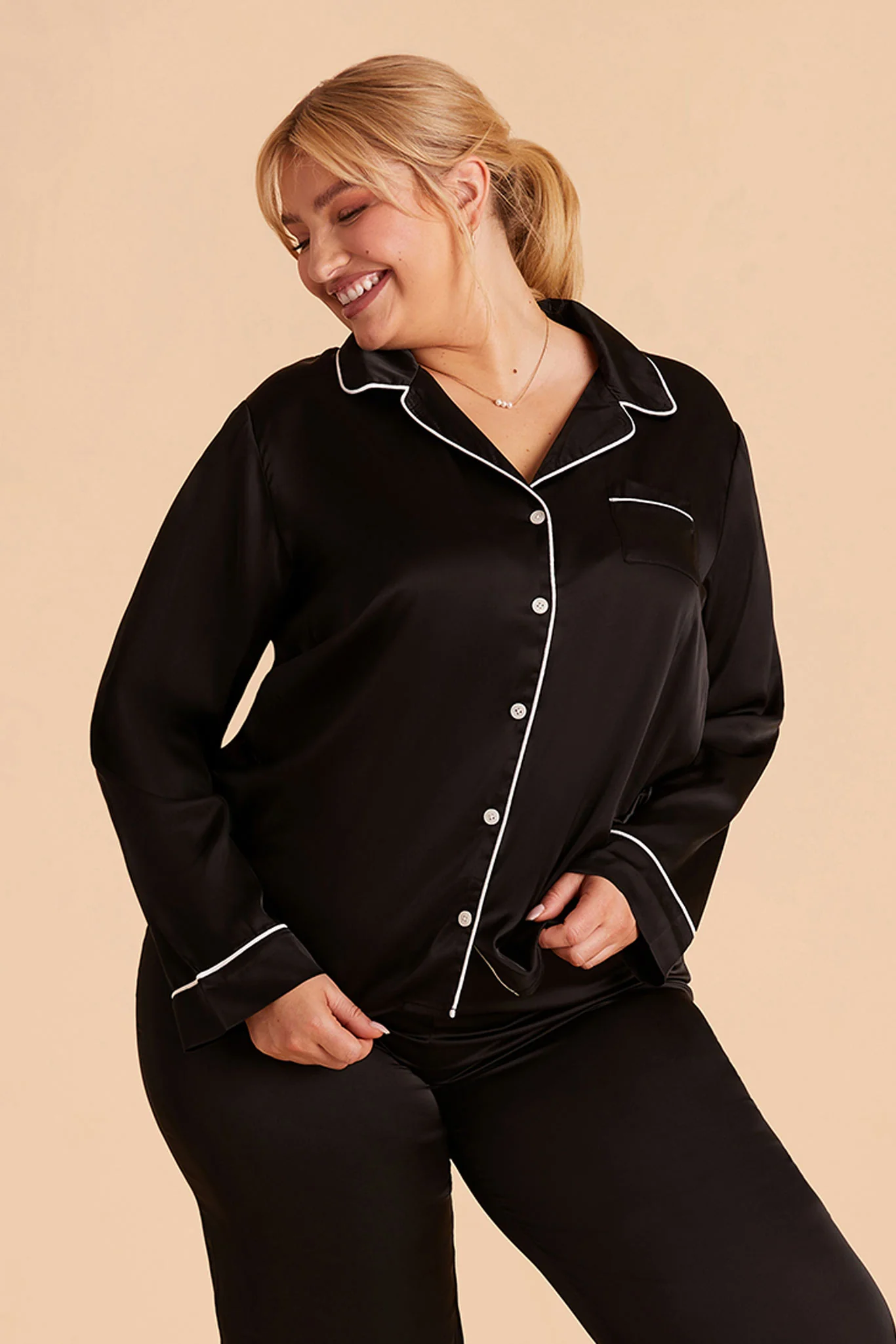 Jenna Matte Satin Pajama Set - Black - Image 10