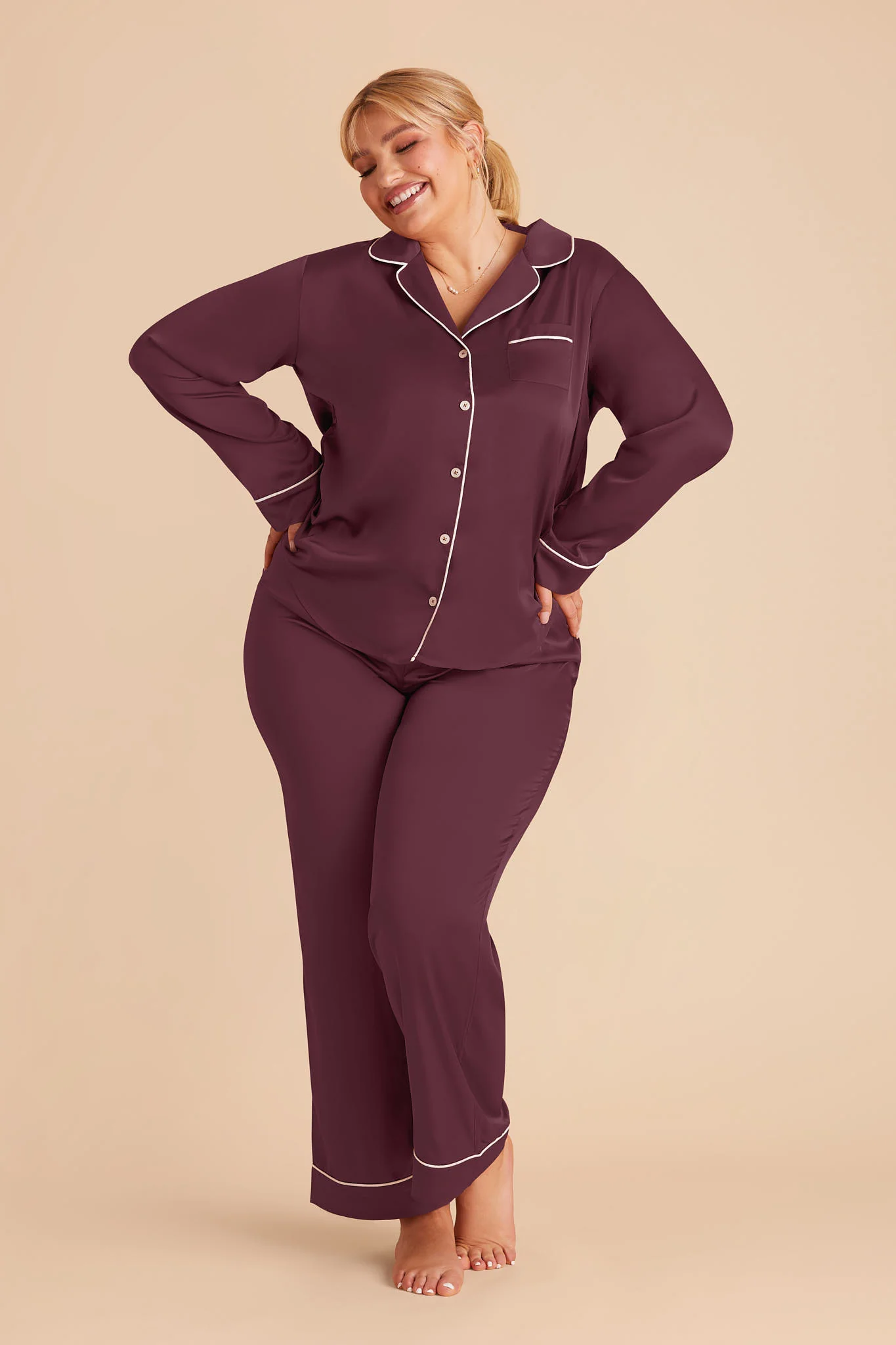 Jenna Matte Satin Pajama Set - Cabernet - Image 7