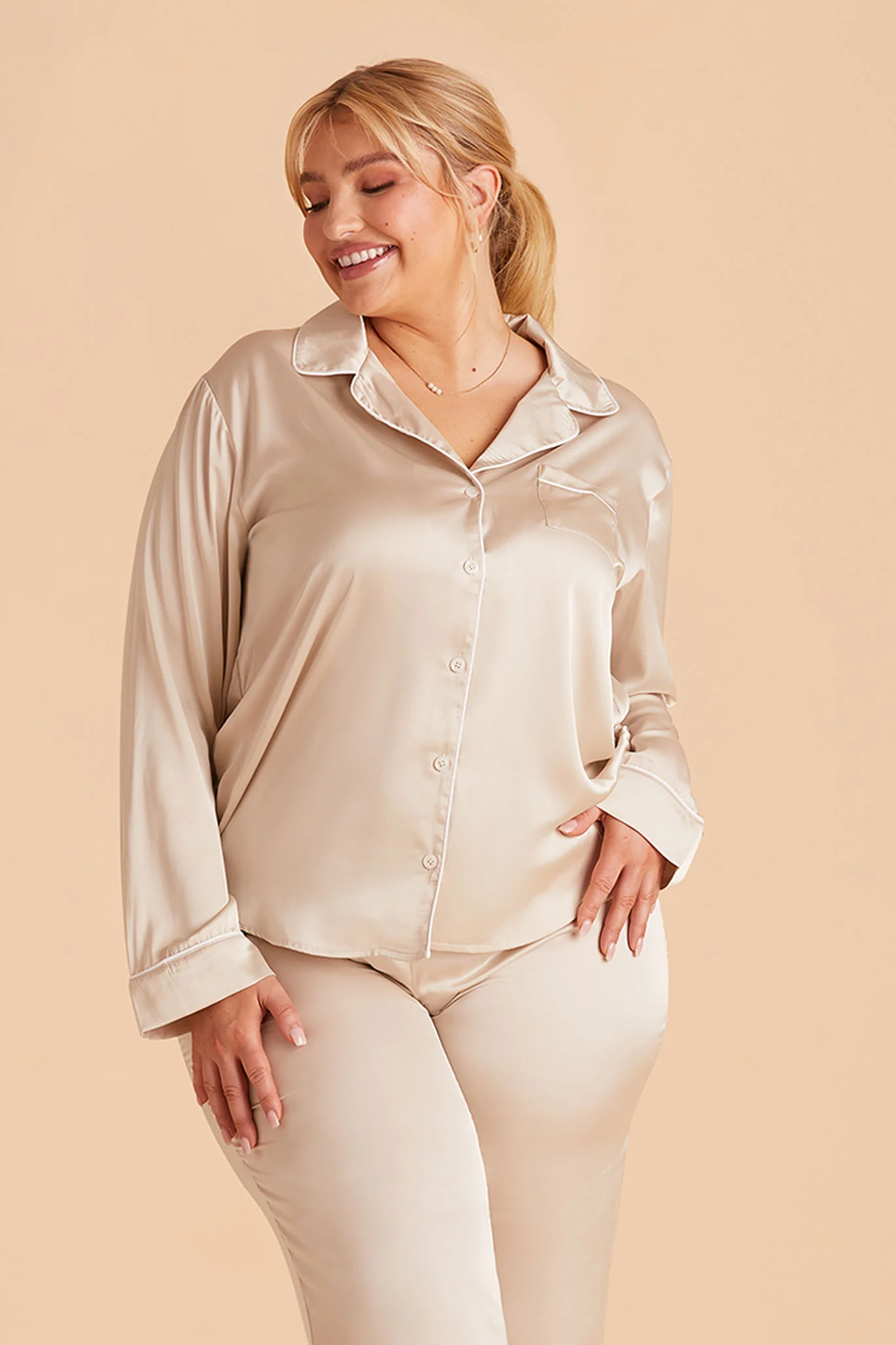 Jenna Matte Satin Pajama Set - Champagne - Image 15