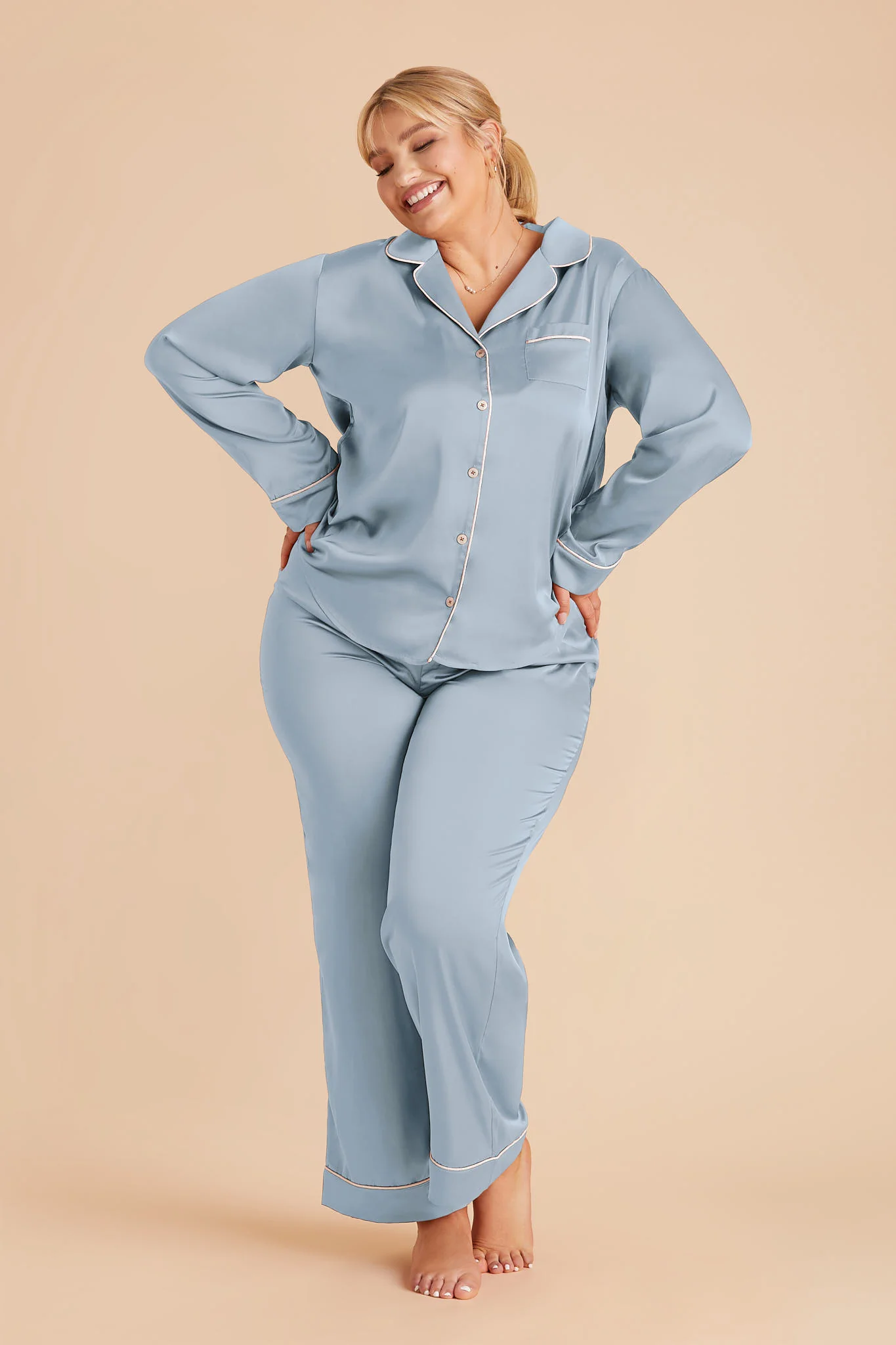 Jenna Matte Satin Pajama Set - Dusty Blue - Image 5