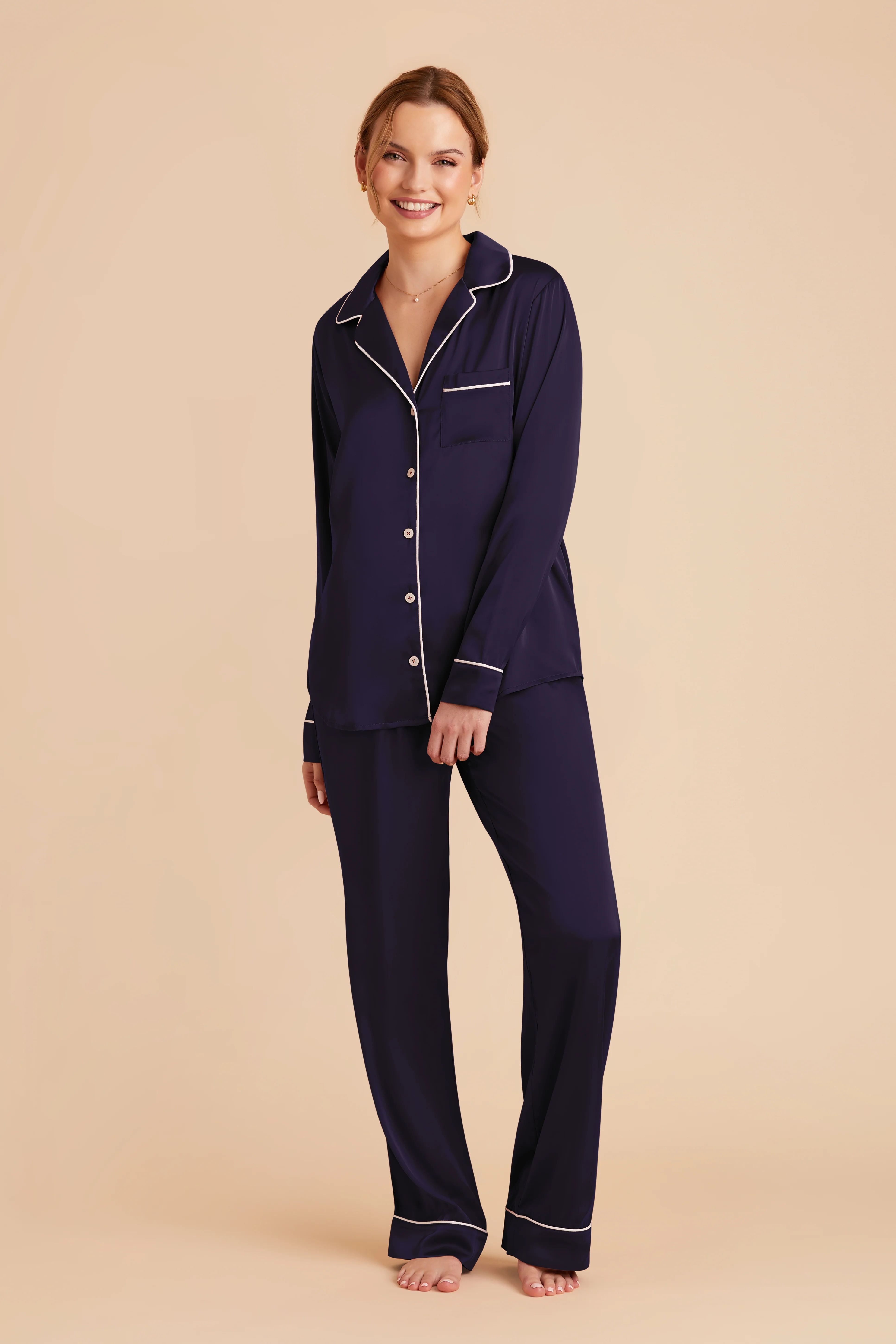 Jenna Matte Satin Pajama Set - Navy