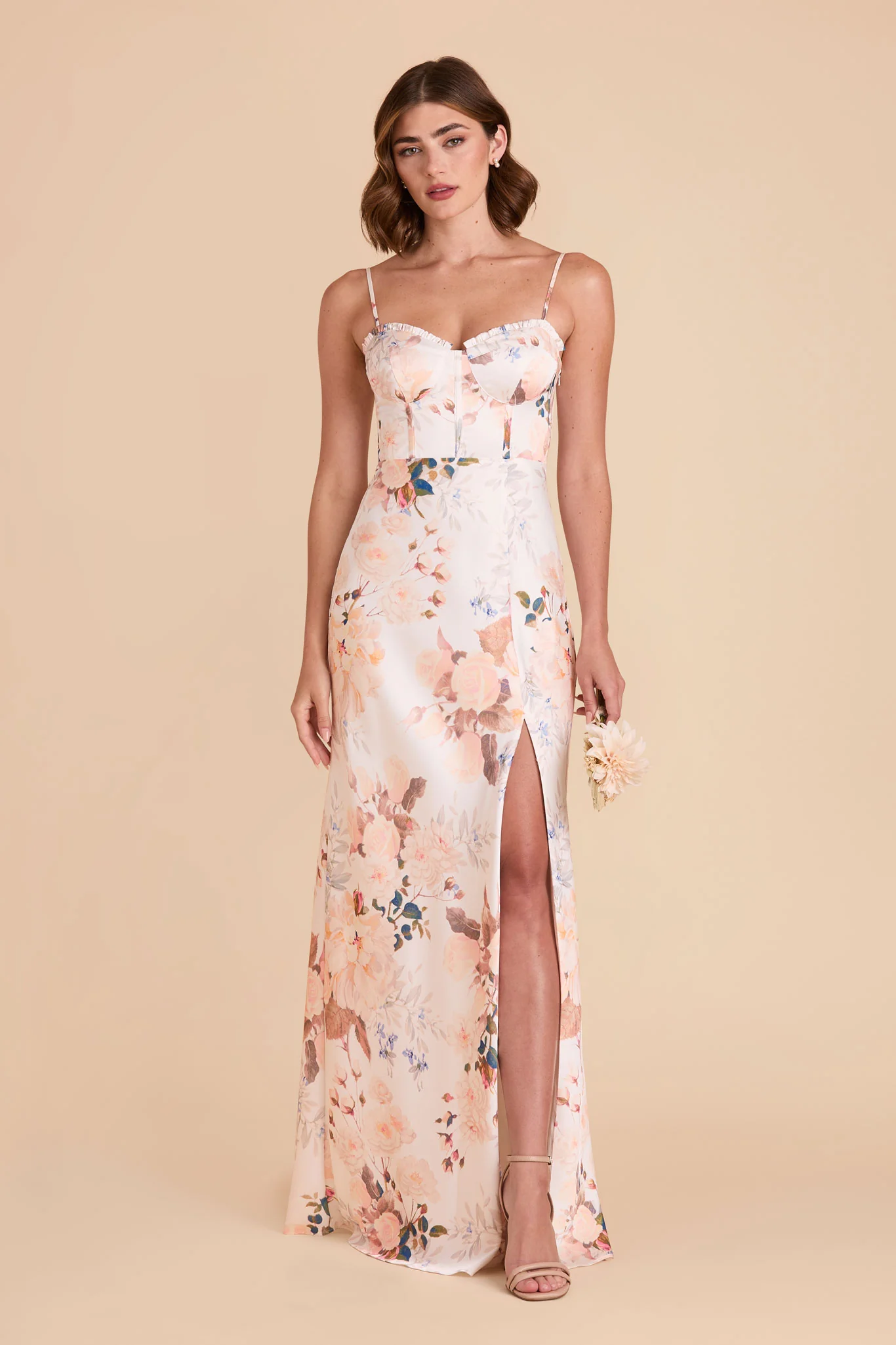 Jessica Matte Satin Dress - Champagne Cascadia Bouquet