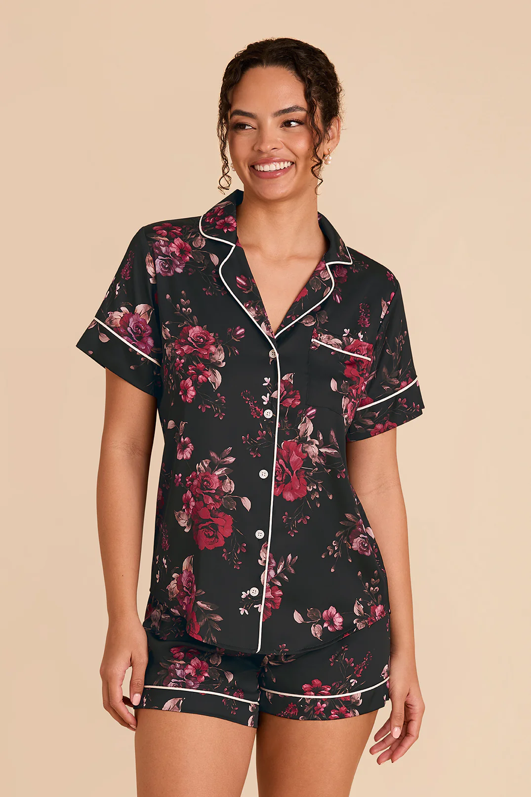 Jonny Matte Satin Pajama Set - Black Fleurs D'Amour