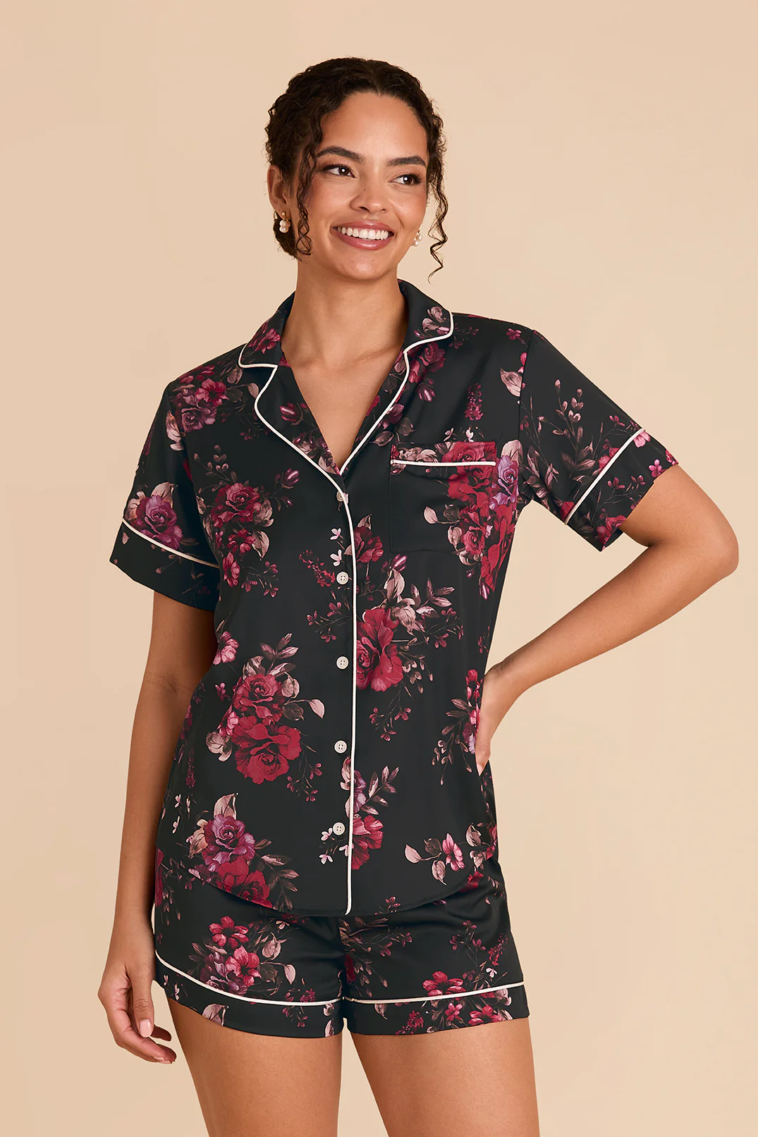 Jonny Matte Satin Pajama Set - Black Fleurs D'Amour - Image 2