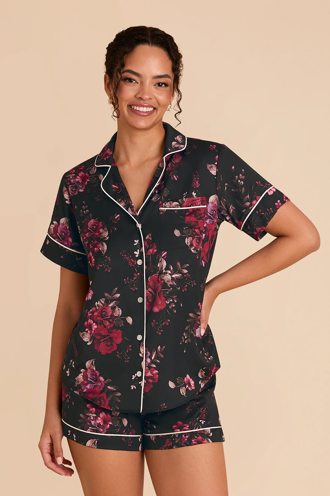 Jonny Matte Satin Pajama Set - Black Fleurs D'Amour - Image 3