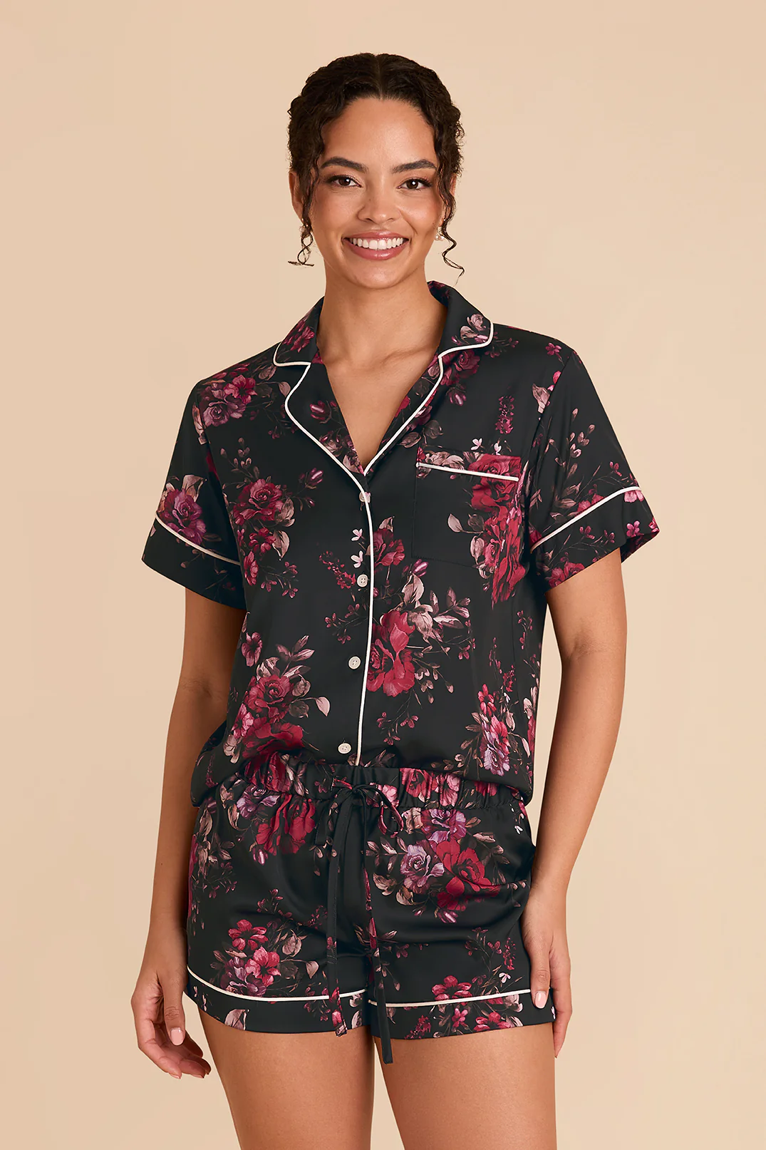 Jonny Matte Satin Pajama Set - Black Fleurs D'Amour - Image 4