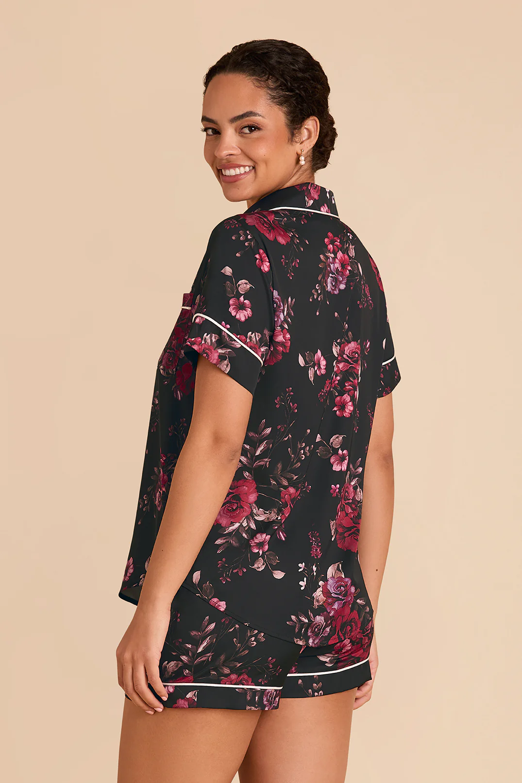 Jonny Matte Satin Pajama Set - Black Fleurs D'Amour - Image 5