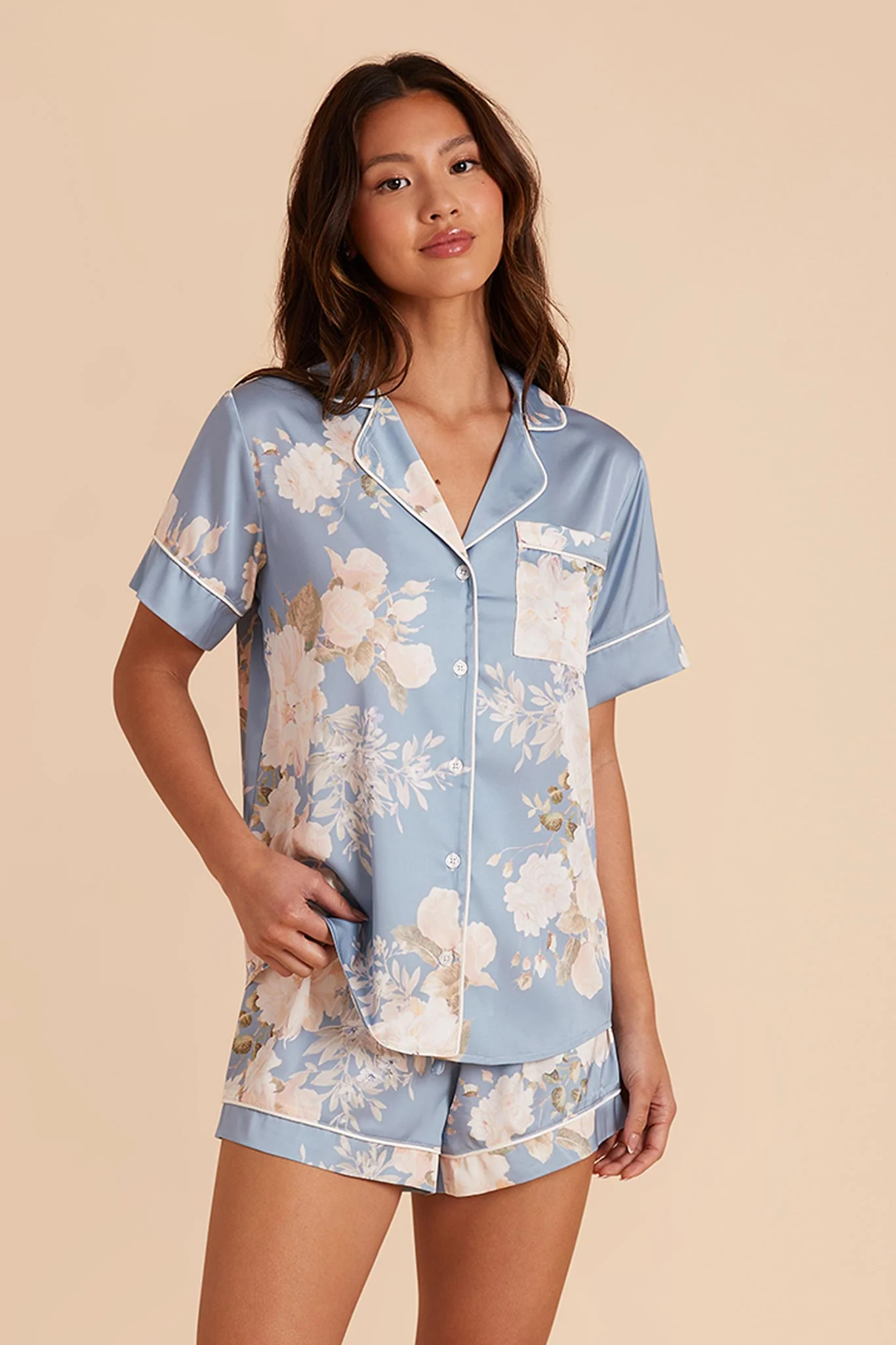 Jonny Matte Satin Pajama Set - Dusty Blue Romantic Bouquet