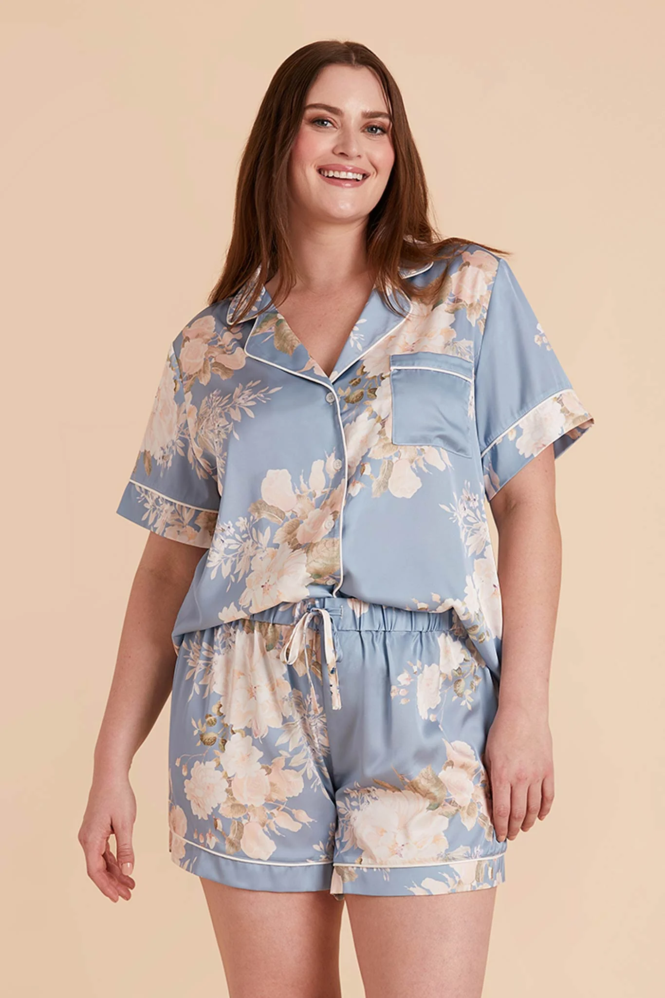 Jonny Matte Satin Pajama Set - Dusty Blue Romantic Bouquet - Image 2