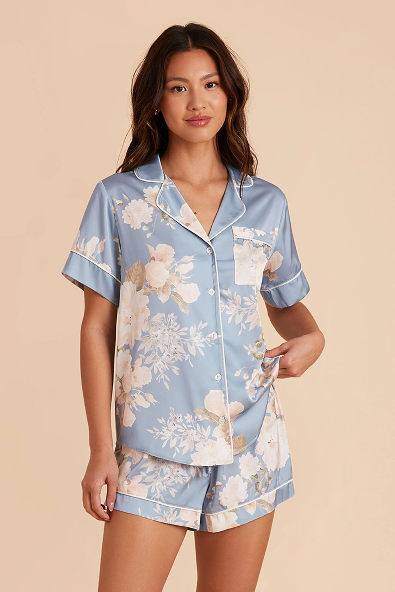 Jonny Matte Satin Pajama Set - Dusty Blue Romantic Bouquet - Image 4