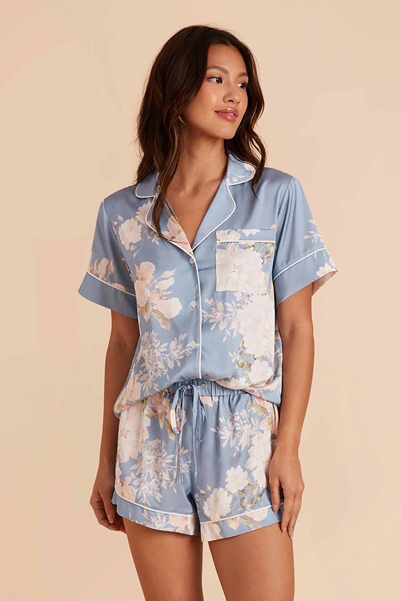 Jonny Matte Satin Pajama Set - Dusty Blue Romantic Bouquet - Image 5