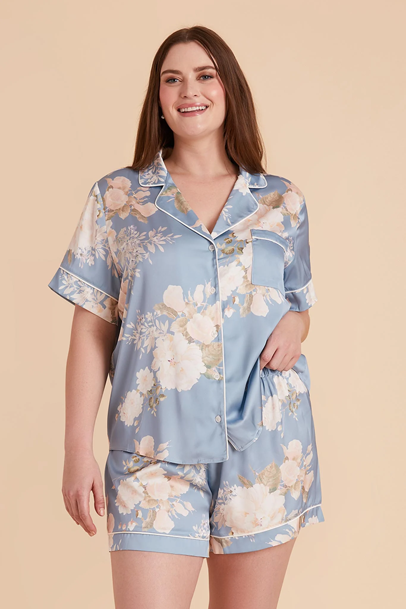 Jonny Matte Satin Pajama Set - Dusty Blue Romantic Bouquet - Image 8