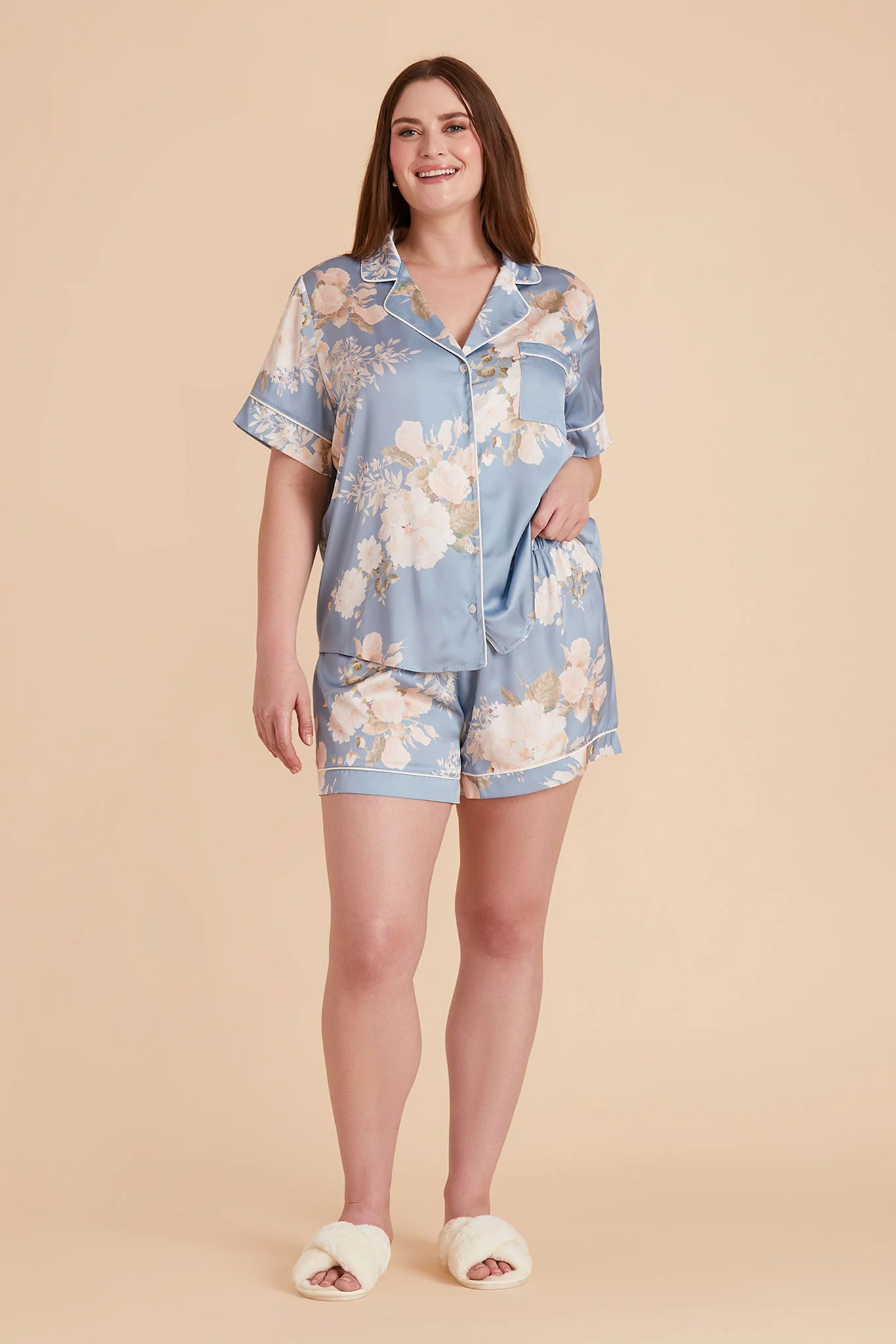 Jonny Matte Satin Pajama Set - Dusty Blue Romantic Bouquet - Image 9