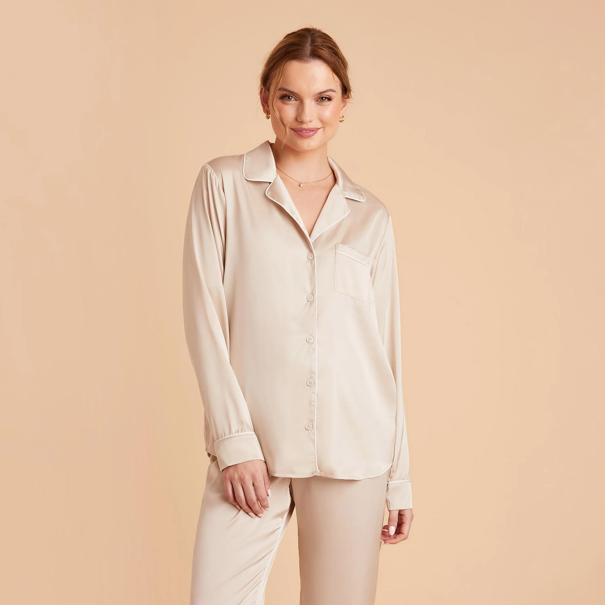 Jonny Satin Long Sleeve Pajama Top - Champagne - Image 9