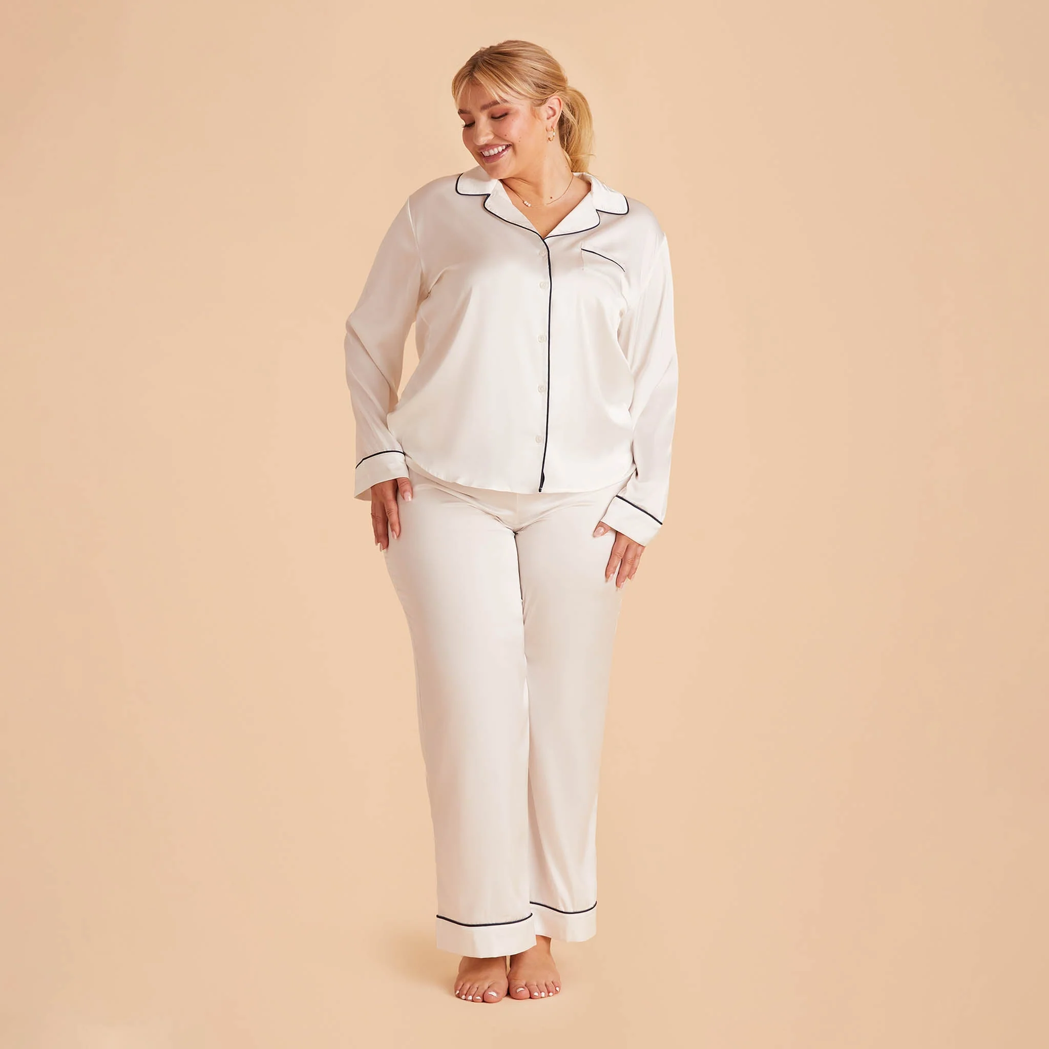 Jonny Satin Long Sleeve Pajama Top - Ivory - Image 14