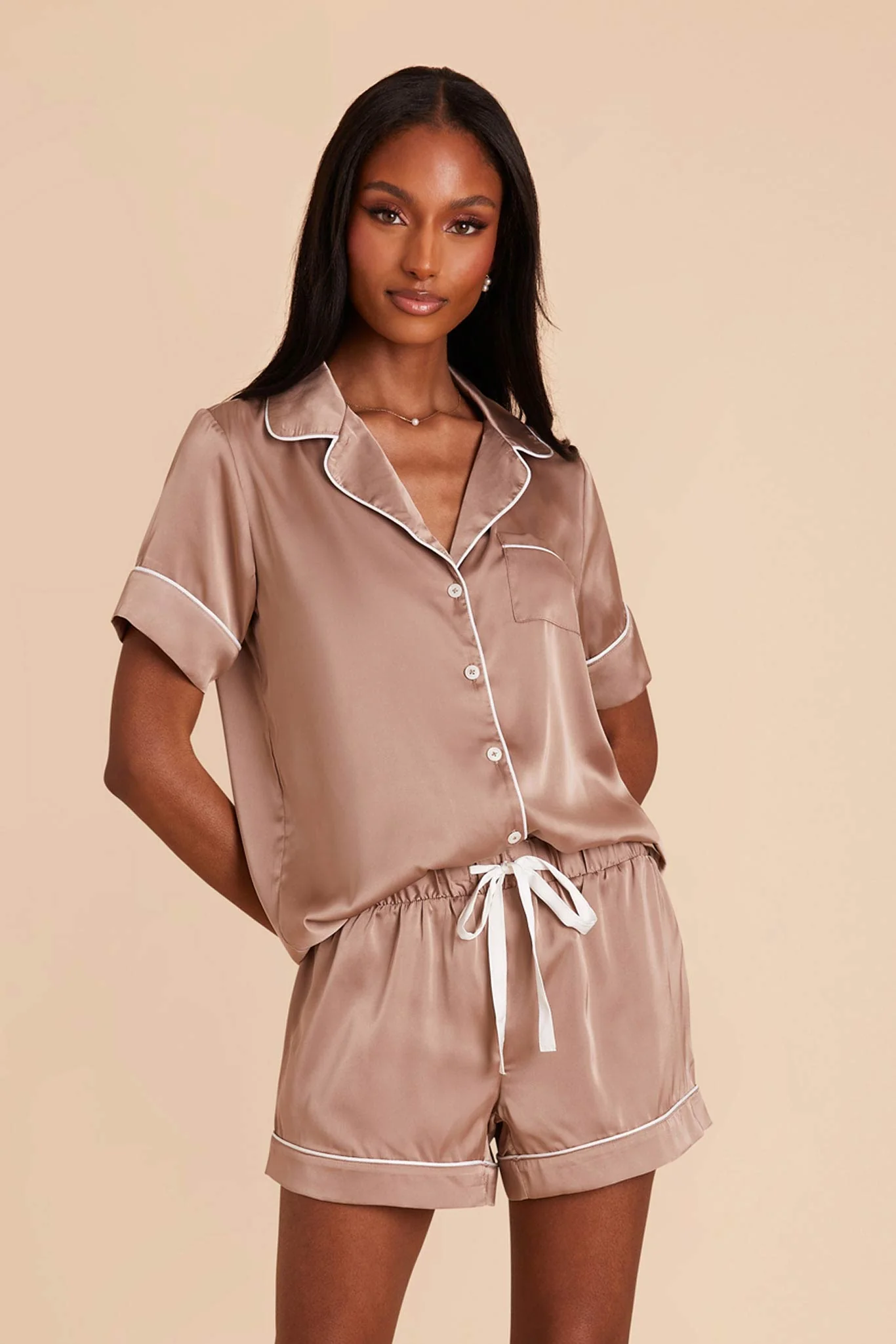 Jonny Matte Satin Pajama Set - Mocha - Image 4