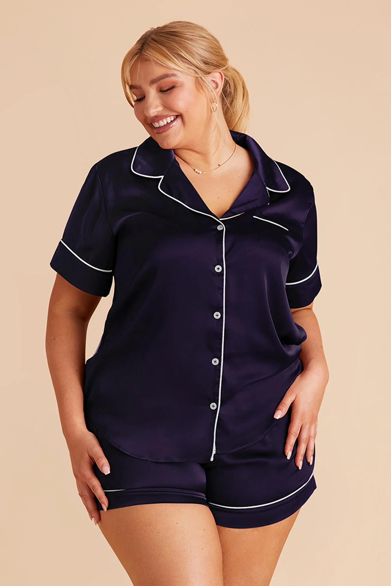 Jonny Matte Satin Pajama Set - Navy - Image 2