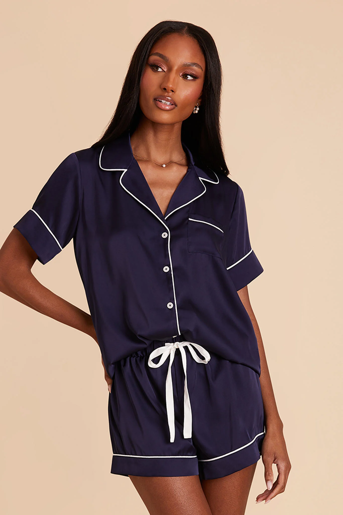 Jonny Matte Satin Pajama Set - Navy - Image 4